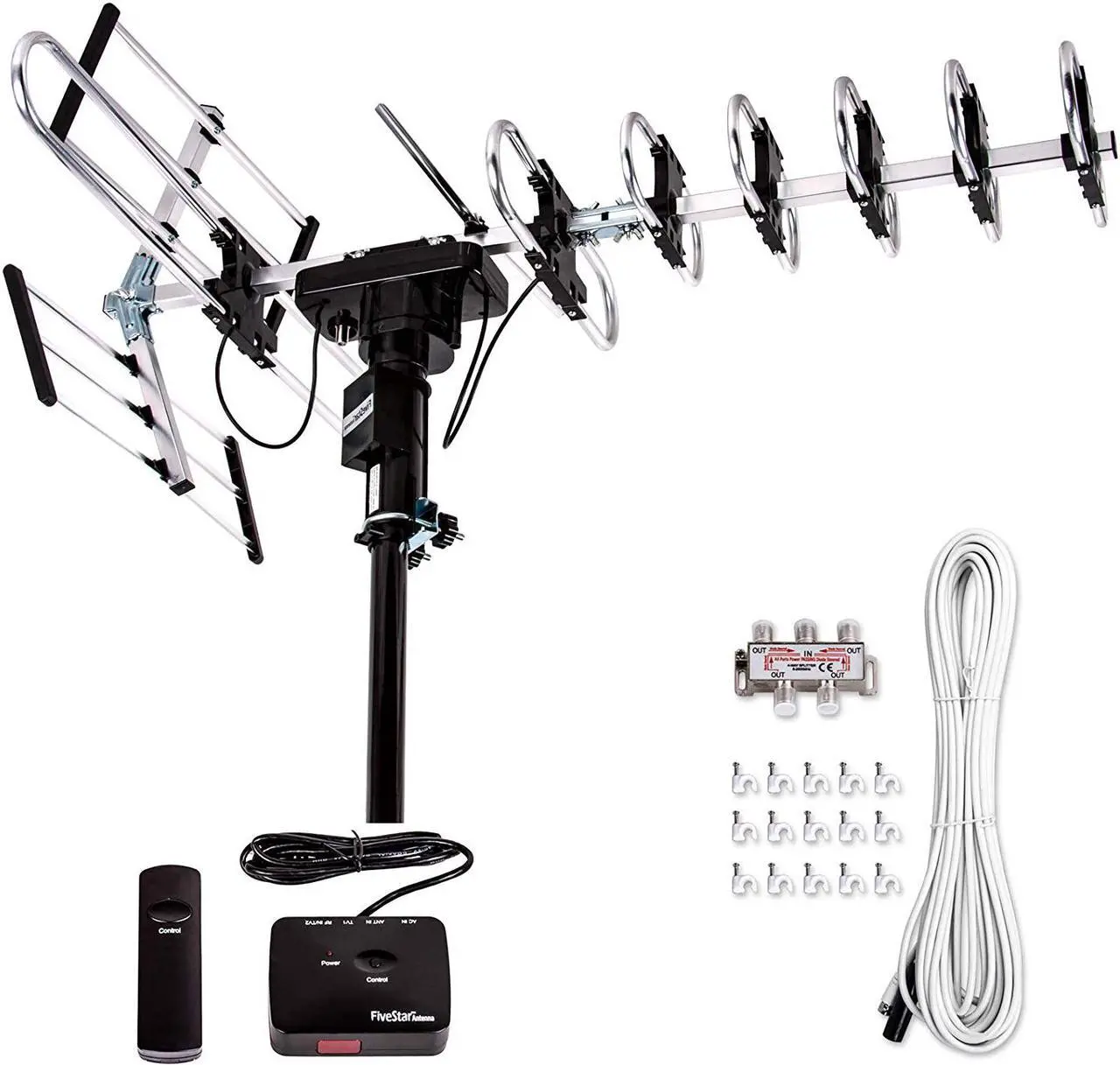 Main image of Five Star Digital Amplified Outdoor TV Antenna w/ up to 200-Mile Long Range for Smart and Old TVs, 360 Degree Directional Rotation, Water/UV Resistant, Supports 5 TVs with Installation Kit