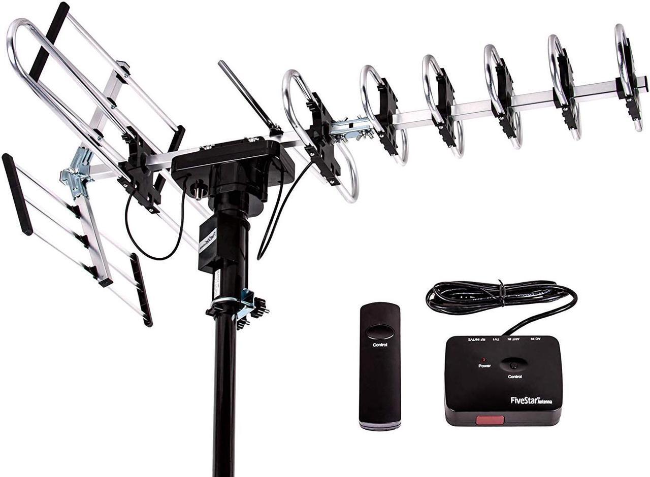 Main image of FiveStar Outdoor TV Antenna All Direction 360 Degree Rotation Receive HDTV 4KTV 1080 Crystal Clear Quality Antenna Amplifier Built-in Remote Control Connect with Two TVs