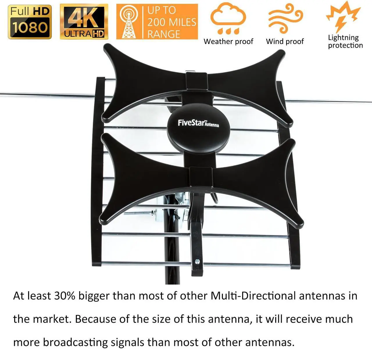 Alt view image 2 of 6 - Five Star Multi-Directional 4V HDTV Antenna - up to 150 Mile Range, UHF/VHF, Indoor, Attic, Outdoor, 4K Ready 1080P FM Radio (Standard Plus J Pole, No Kit)