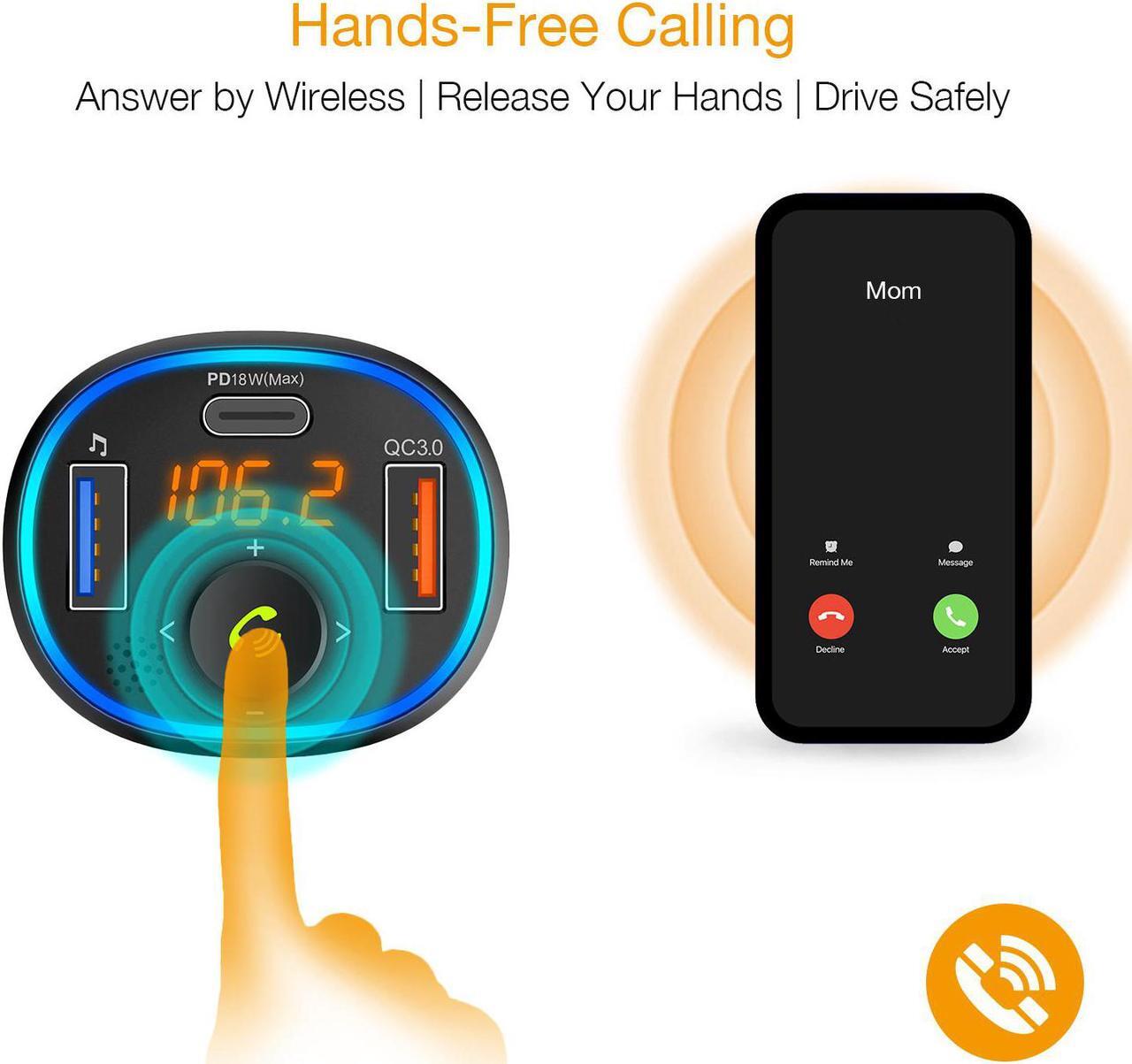 Alt view image 4 of 7 - Rexing FM Transmitter Car Charger w/Bluetooth 5.0, Wireless Audio Adapter Dual USB & Type C, Quick Charge 3.0, Enhanced Bass Music Player, Hands-Free Calling, Siri&Google Assistant Voice Control