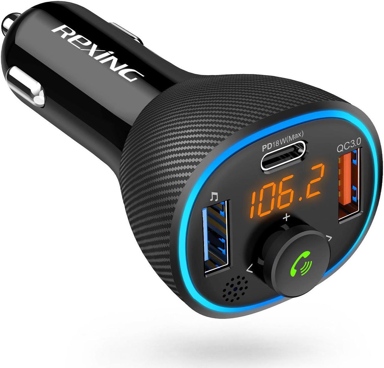 Main image of Rexing FM Transmitter Car Charger w/Bluetooth 5.0, Wireless Audio Adapter Dual USB & Type C, Quick Charge 3.0, Enhanced Bass Music Player, Hands-Free Calling, Siri&Google Assistant Voice Control