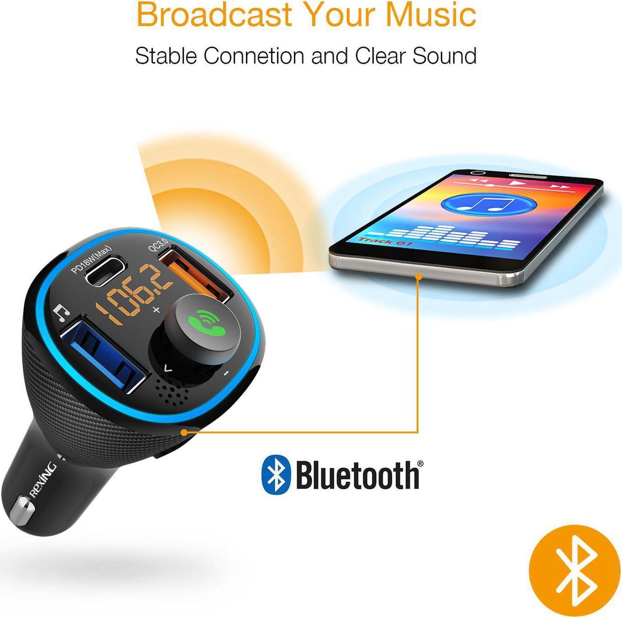 Alt view image 3 of 7 - Rexing FM Transmitter Car Charger w/Bluetooth 5.0, Wireless Audio Adapter Dual USB & Type C, Quick Charge 3.0, Enhanced Bass Music Player, Hands-Free Calling, Siri&Google Assistant Voice Control