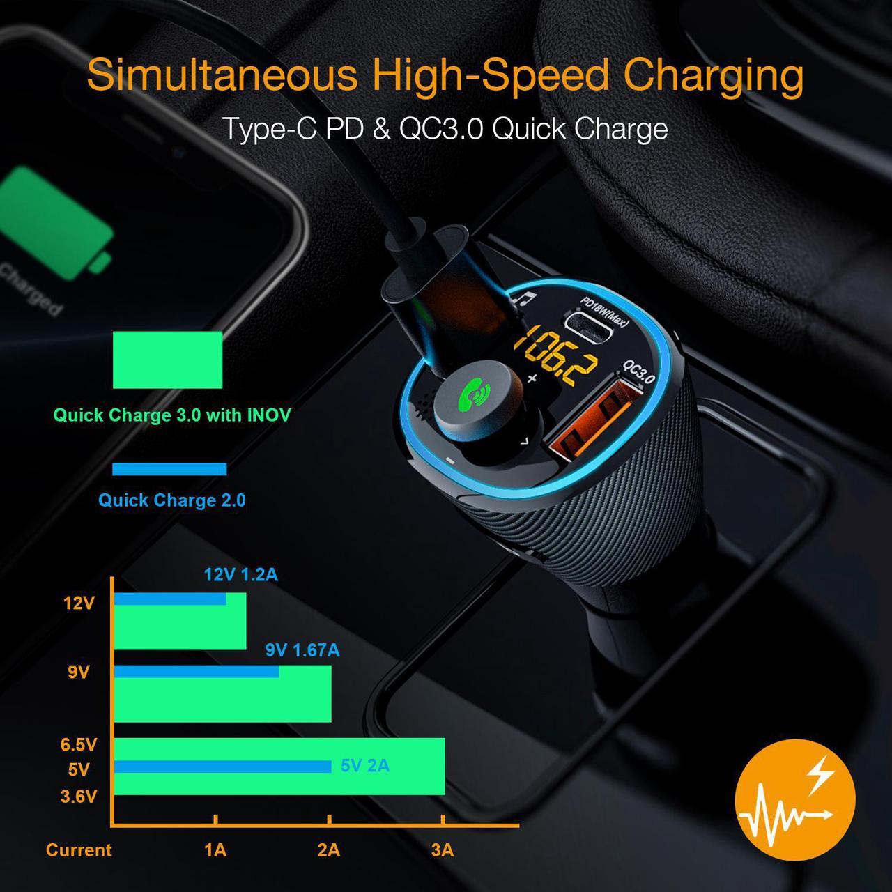 Alt view image 5 of 7 - Rexing FM Transmitter Car Charger w/Bluetooth 5.0, Wireless Audio Adapter Dual USB & Type C, Quick Charge 3.0, Enhanced Bass Music Player, Hands-Free Calling, Siri&Google Assistant Voice Control