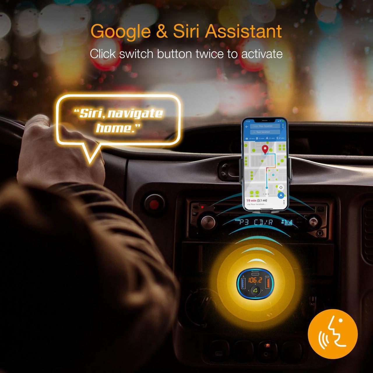 Alt view image 6 of 7 - Rexing FM Transmitter Car Charger w/Bluetooth 5.0, Wireless Audio Adapter Dual USB & Type C, Quick Charge 3.0, Enhanced Bass Music Player, Hands-Free Calling, Siri&Google Assistant Voice Control