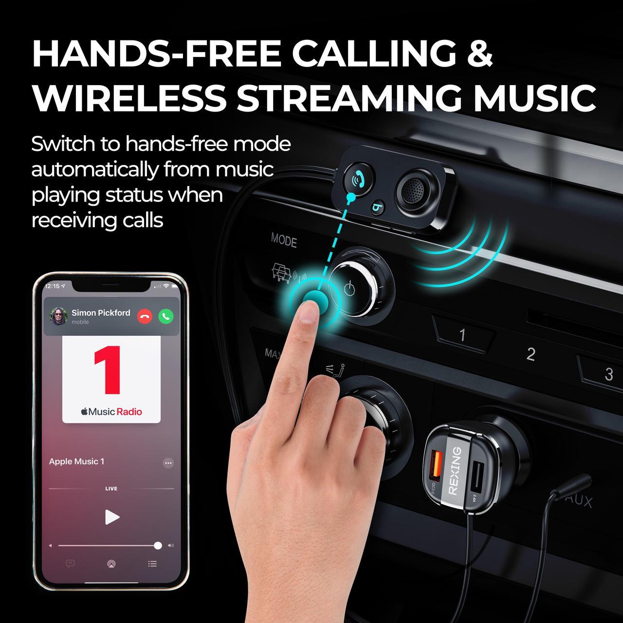 Alt view image 5 of 6 - Rexing AUX2 Mini Bluetooth Receiver for car w/ Bluetooth 5.1, Dual USB, Quick Charge 3.0, Enhanced Bass, AUX 3.5mm Car Kit w/ Car Stereo Microphone for Hands-Free Calling, Siri&Google Assistant