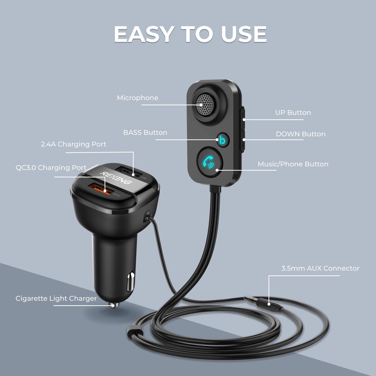 Alt view image 2 of 6 - Rexing AUX2 Mini Bluetooth Receiver for car w/ Bluetooth 5.1, Dual USB, Quick Charge 3.0, Enhanced Bass, AUX 3.5mm Car Kit w/ Car Stereo Microphone for Hands-Free Calling, Siri&Google Assistant