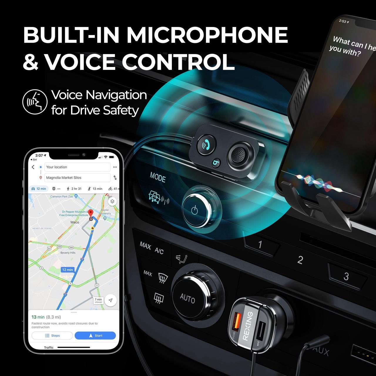 Alt view image 6 of 6 - Rexing AUX2 Mini Bluetooth Receiver for car w/ Bluetooth 5.1, Dual USB, Quick Charge 3.0, Enhanced Bass, AUX 3.5mm Car Kit w/ Car Stereo Microphone for Hands-Free Calling, Siri&Google Assistant