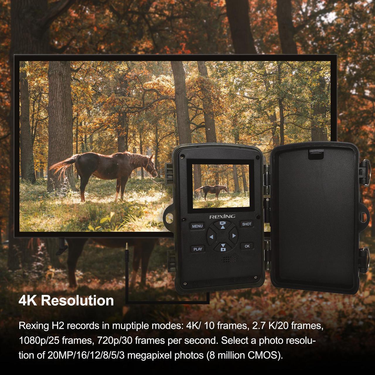 Alt view image 2 of 7 - Rexing Woodlens H2 - 4K Wi-Fi Trail Camera, 20MP CMOS Motion Sensor with Ultra Night Vision Distance, 512GB, AV Output 12 Month Standby Surveillance Cam for Hunting Games and Wildlife Monitoring (H2)