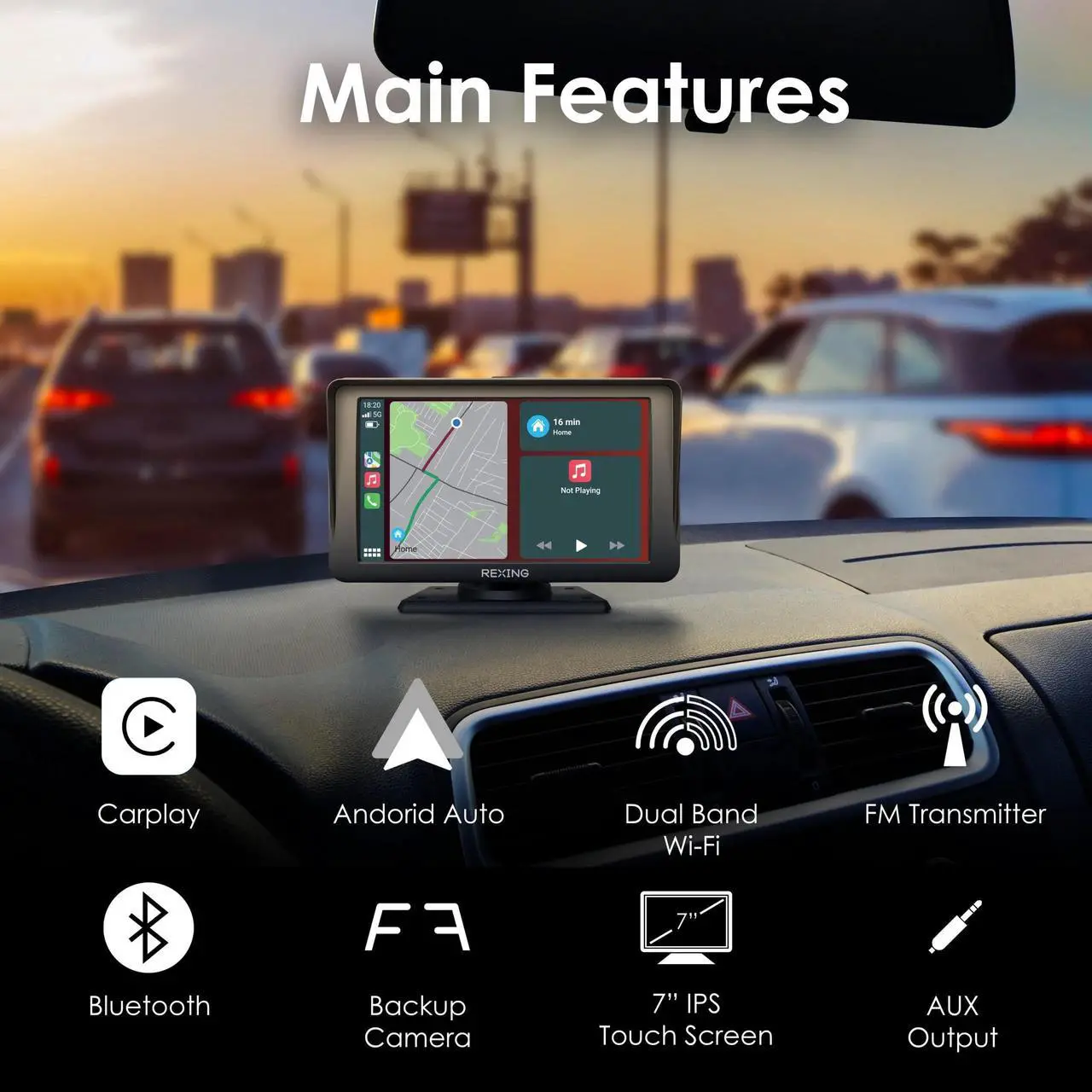 Alt view image 2 of 7 - REXING W1 Multimedia Receiver W/ Backup Camera 7 IPS Touch Screen, Apple Carplay, Android Auto, FM Transmitter, Dual Band WiFi, Aux Port, GPS Navigation, Voice Control, Spotify, Phone Calls