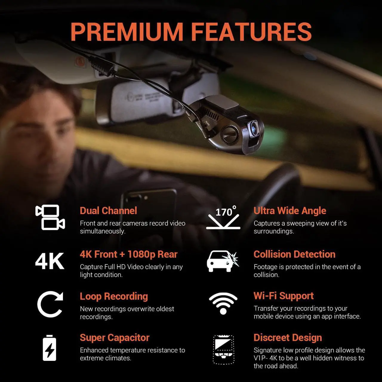 Alt view image 9 of 14 - Rexing V1P 4K 2.4" LCD 2160p Front + 1080p Rear Wi-Fi 170° Wide Angle Dual Channel Dashboard Camera Recorder Car Dash Cam with Rear Cam, G-Sensor, WDR, Loop Recording Mobile App Supercapacitor (2021)