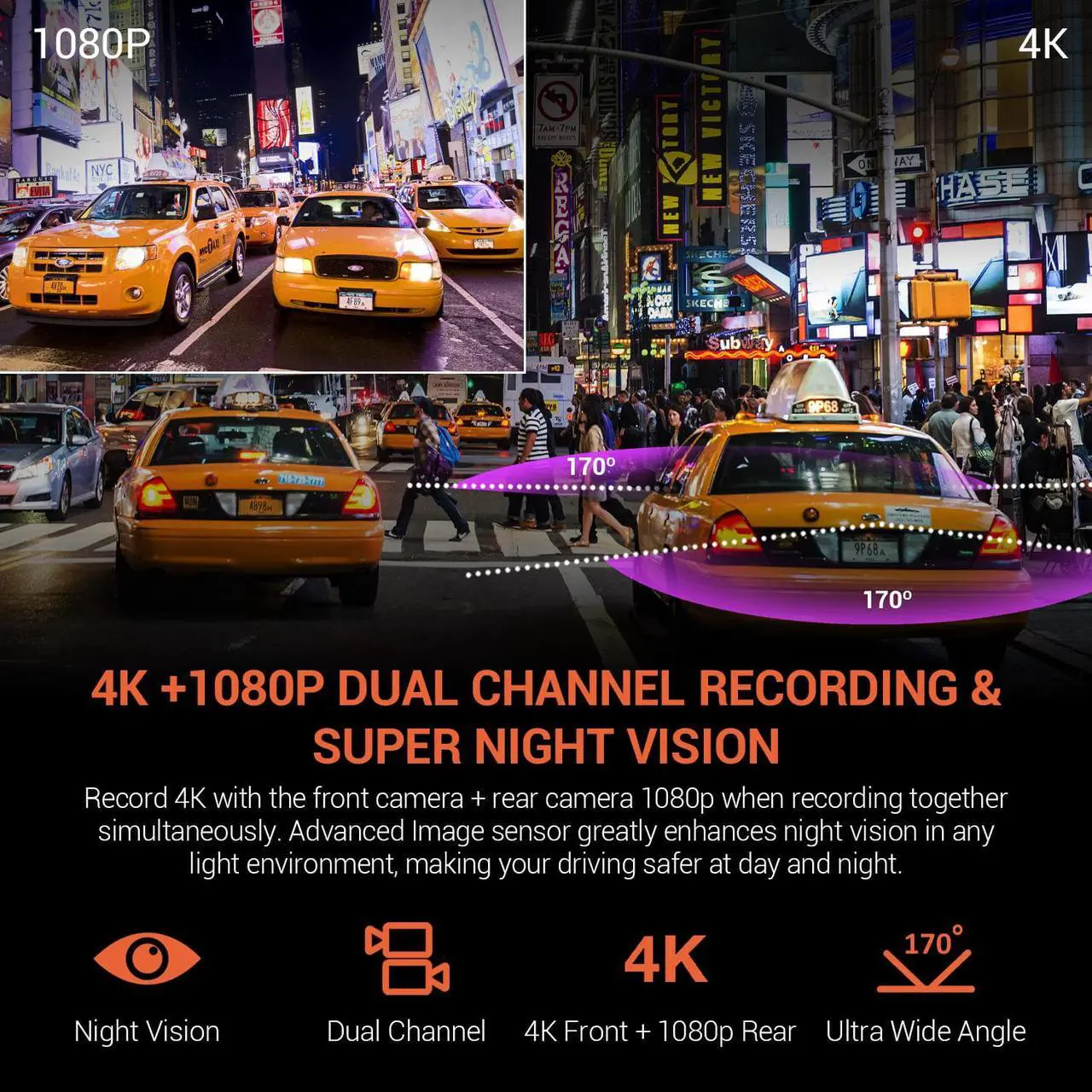 Alt view image 10 of 14 - Rexing V1P 4K 2.4" LCD 2160p Front + 1080p Rear Wi-Fi 170° Wide Angle Dual Channel Dashboard Camera Recorder Car Dash Cam with Rear Cam, G-Sensor, WDR, Loop Recording Mobile App Supercapacitor (2021)