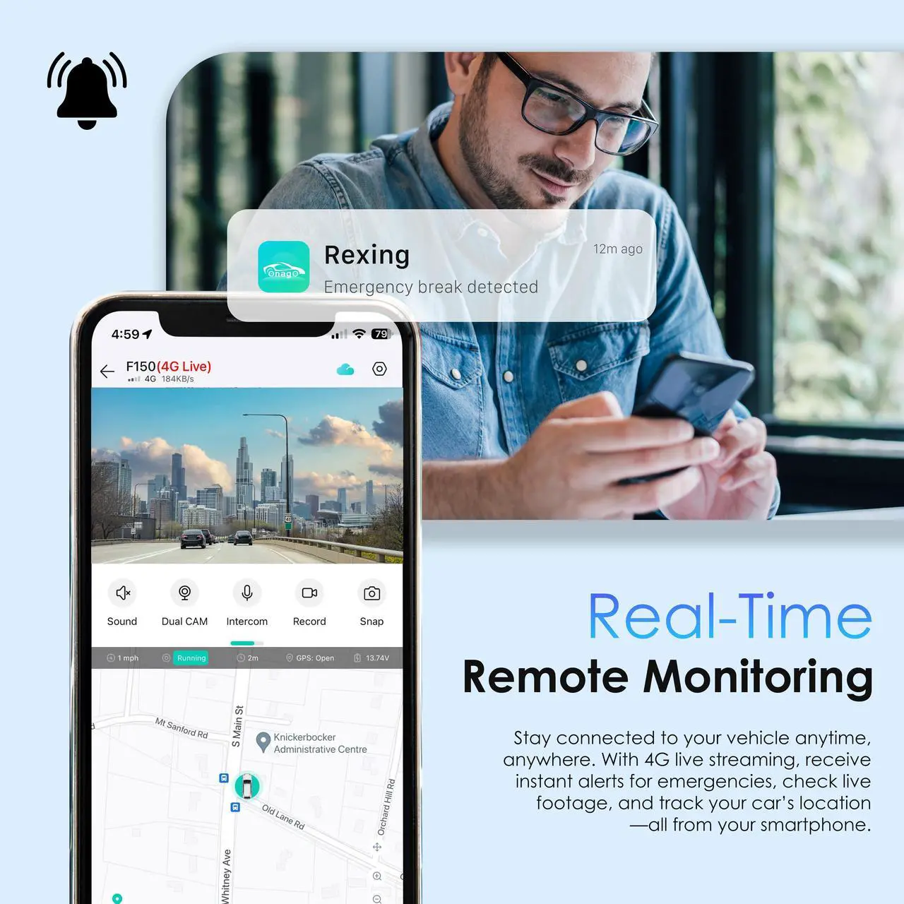 Alt view image 3 of 7 - Rexing 4G LTE 2-Channel Dash Cam with GPS  2.5K Front + 1080p Rear | Real-Time Remote Access & Alerts