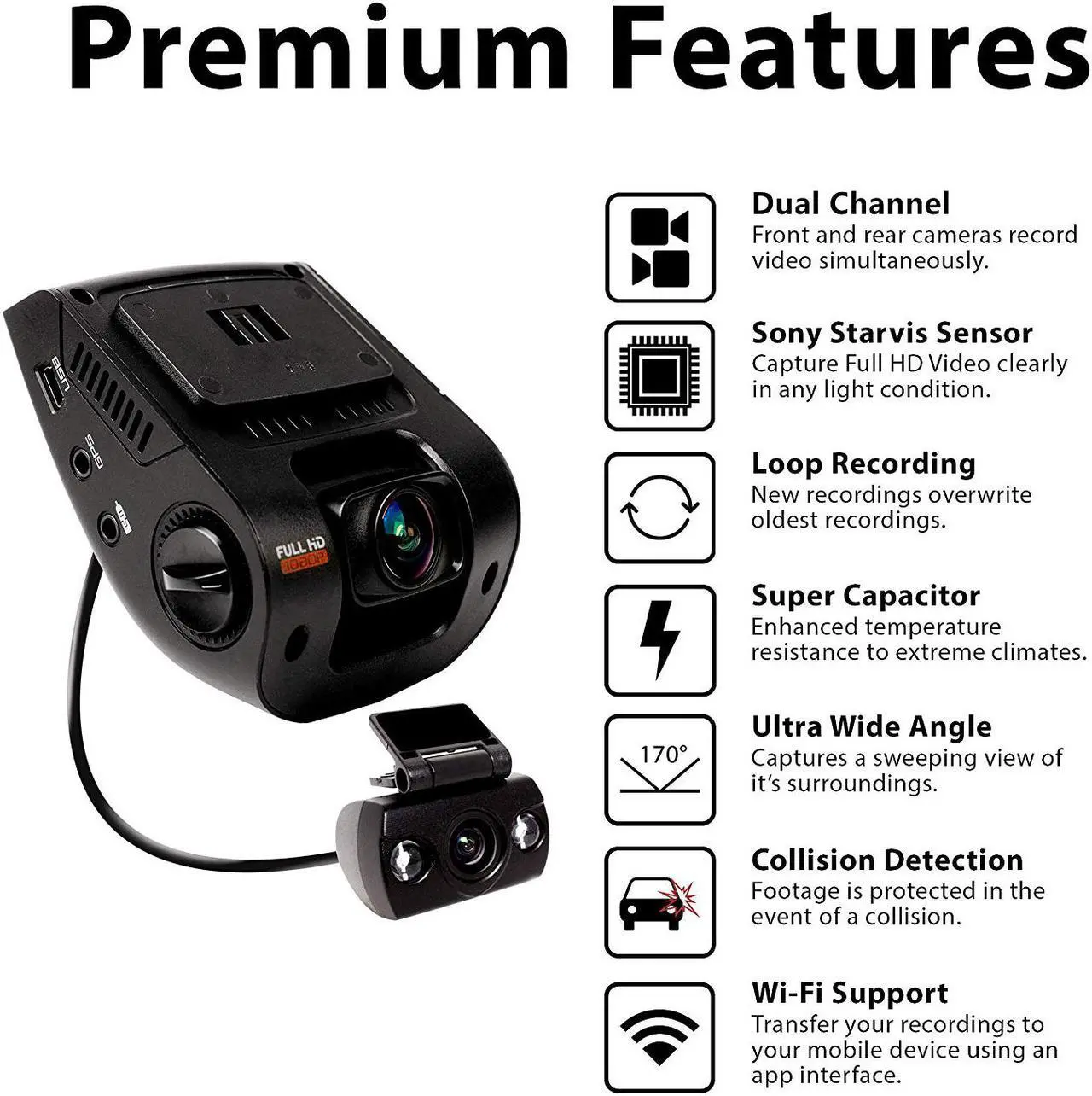 Alt view image 2 of 14 - Rexing V1P 4K 2.4" LCD 2160p Front + 1080p Rear Wi-Fi 170° Wide Angle Dual Channel Dashboard Camera Recorder Car Dash Cam with Rear Cam, G-Sensor, WDR, Loop Recording Mobile App Supercapacitor (2021)