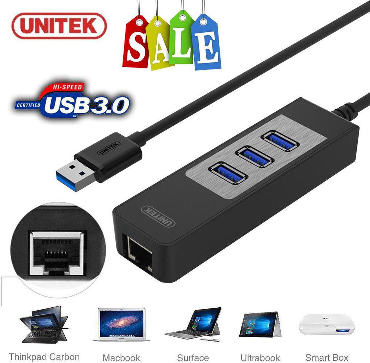 UNITEK 3-Port USB 3.0 Hub Gigabit Ethernet 1000Mbps RJ45 LAN Network Adapter PC