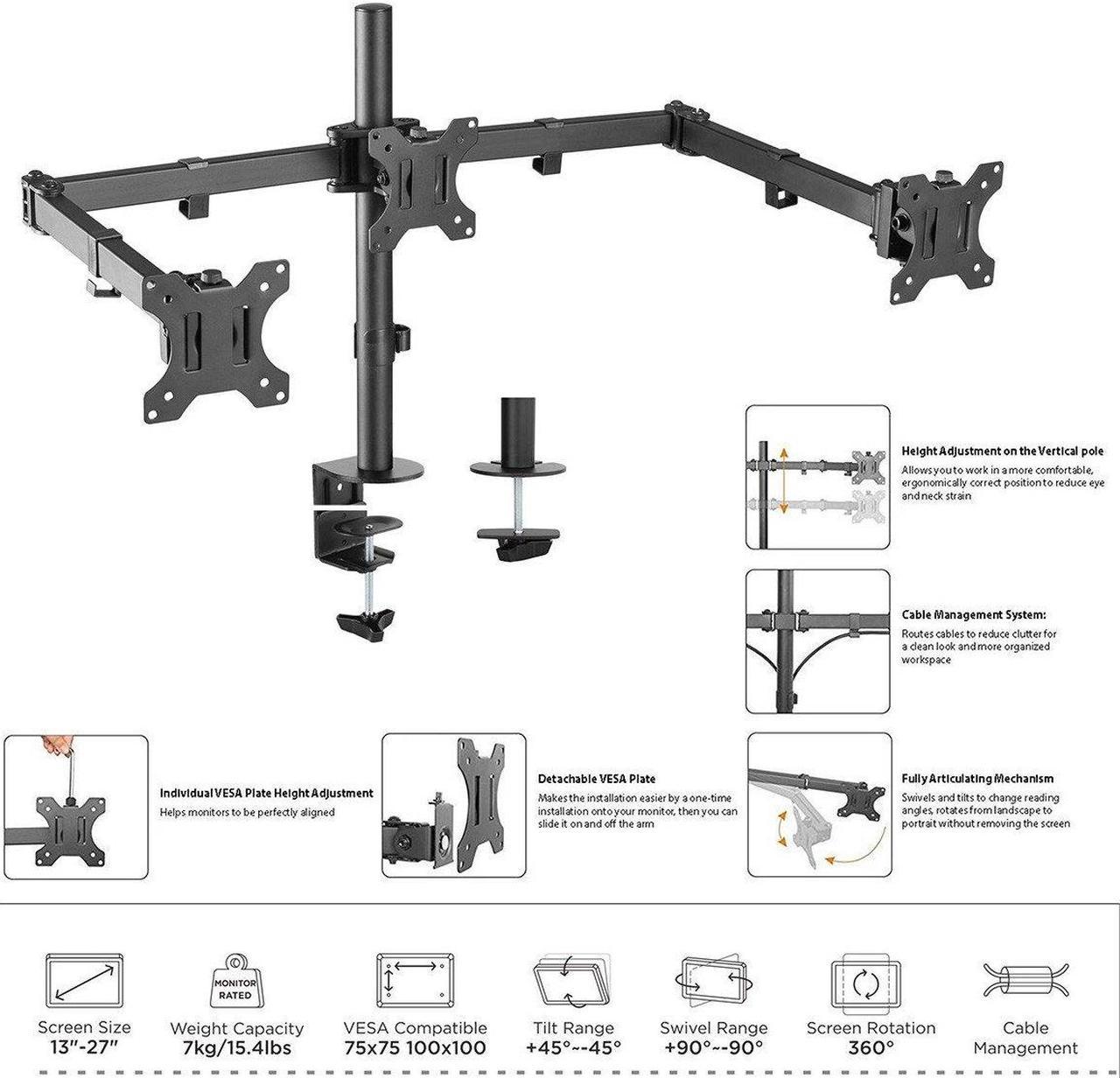 Boost Industries Universal DM-EX30 Height Adjustable Triple Arm Monitor Desktop Mount for Screens 13" to 27"