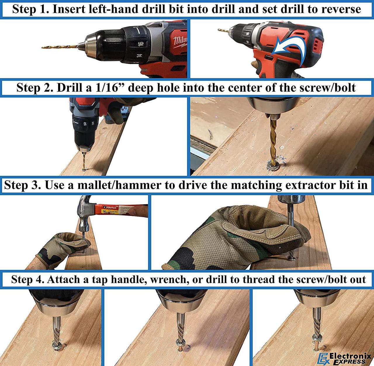 Alt view image 2 of 7 - 10 Piece Screw Extractor and Left Hand Drill Bit Set, Easily Remove Stripped Screws and Damaged Bolts, Includes 5 HSS Left-Hand Drill Bits, 5 GCr15 Extractors, and Metal Case
