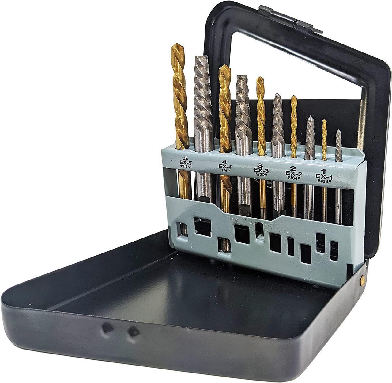 Main image of 10 Piece Screw Extractor and Left Hand Drill Bit Set, Easily Remove Stripped Screws and Damaged Bolts, Includes 5 HSS Left-Hand Drill Bits, 5 GCr15 Extractors, and Metal Case