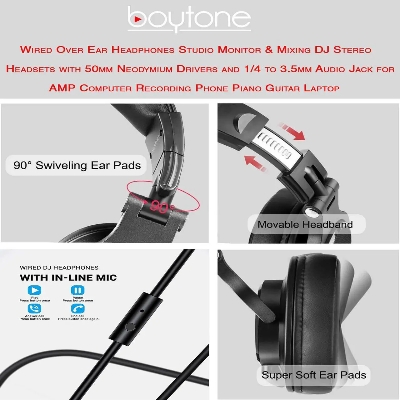 Alt view image 4 of 7 - Boytone BT-10BR Wired Over Ear Headphones Studio Monitor & Mixing DJ Stereo Headsets with 50mm Drivers and 1/4 to 3.5mm Audio Jack for Audio Mixer Computer, Phone, Guitar, Laptop, Amplifier, TV