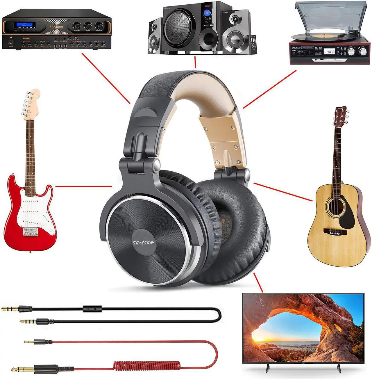 Alt view image 6 of 7 - Boytone BT-10BR Wired Over Ear Headphones Studio Monitor & Mixing DJ Stereo Headsets with 50mm Drivers and 1/4 to 3.5mm Audio Jack for Audio Mixer Computer, Phone, Guitar, Laptop, Amplifier, TV