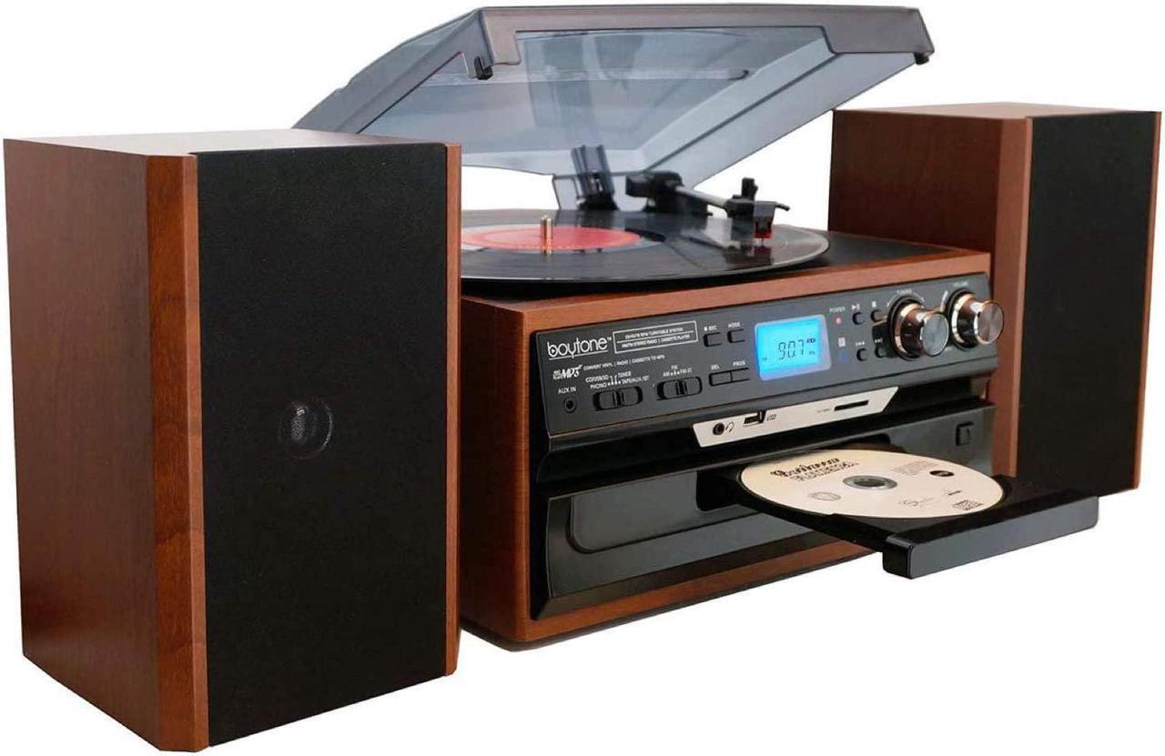 Main image of Boytone BT-24MB Bluetooth Classic Style Record Player Turntable with AM/FM Radio, CD/Cassette Player, 2 Separate Stereo Speakers, Record from Vinyl, Radio, and Cassette to MP3, SD Slot, USB, AUX.