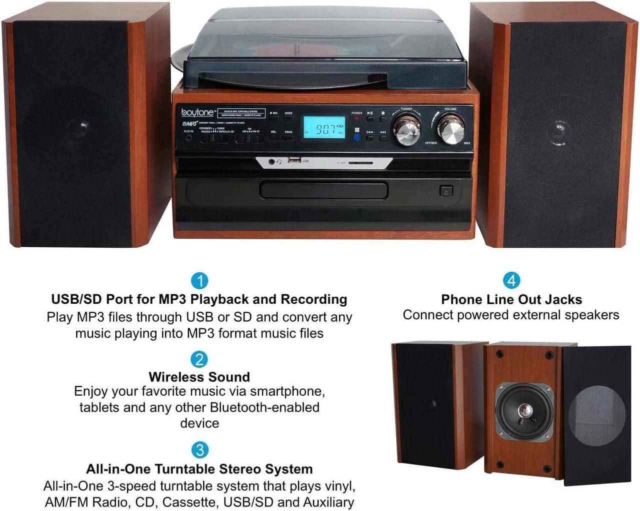 Alt view image 3 of 8 - Boytone BT-24MB Bluetooth Classic Style Record Player Turntable with AM/FM Radio, CD/Cassette Player, 2 Separate Stereo Speakers, Record from Vinyl, Radio, and Cassette to MP3, SD Slot, USB, AUX.