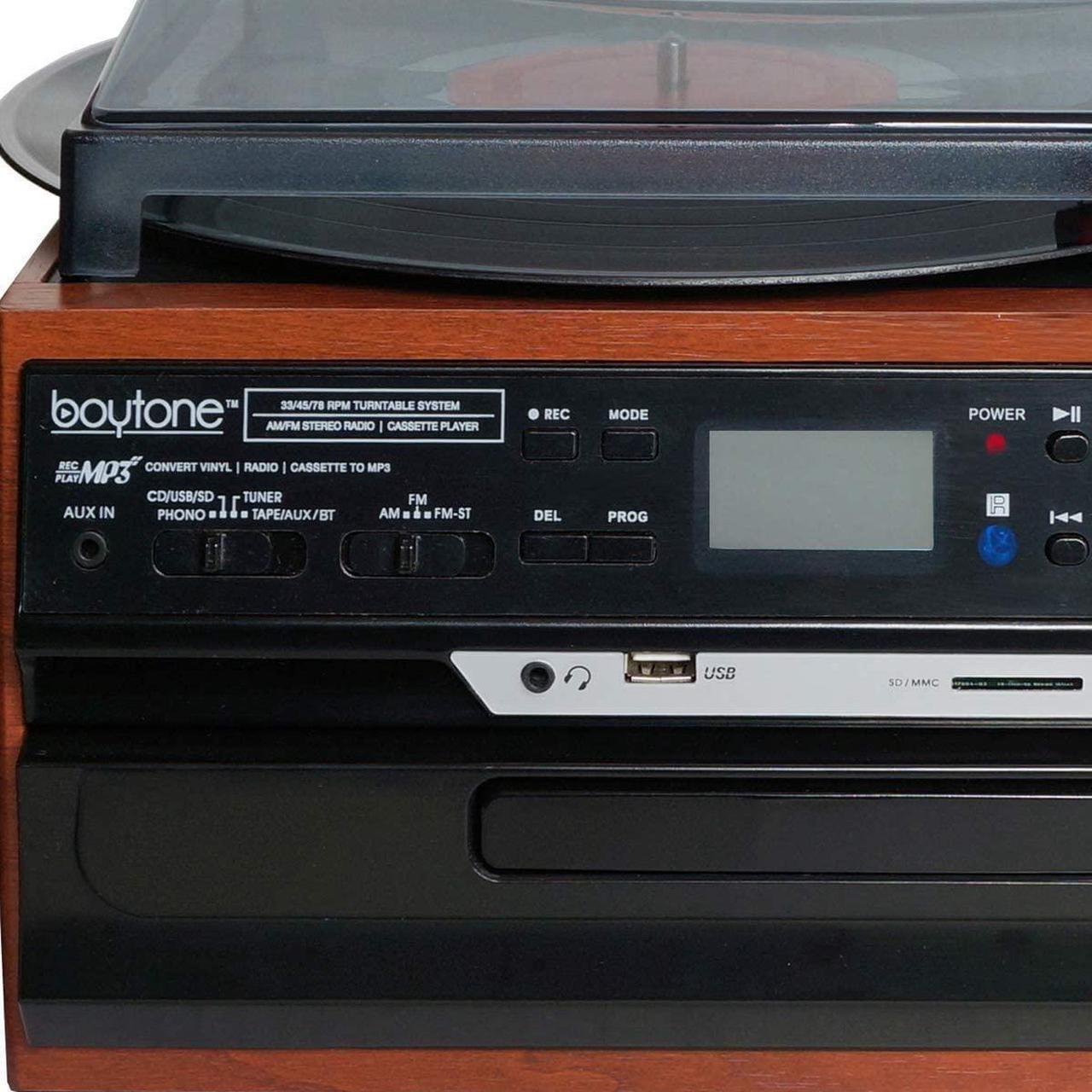 Alt view image 5 of 8 - Boytone BT-24MB Bluetooth Classic Style Record Player Turntable with AM/FM Radio, CD/Cassette Player, 2 Separate Stereo Speakers, Record from Vinyl, Radio, and Cassette to MP3, SD Slot, USB, AUX.