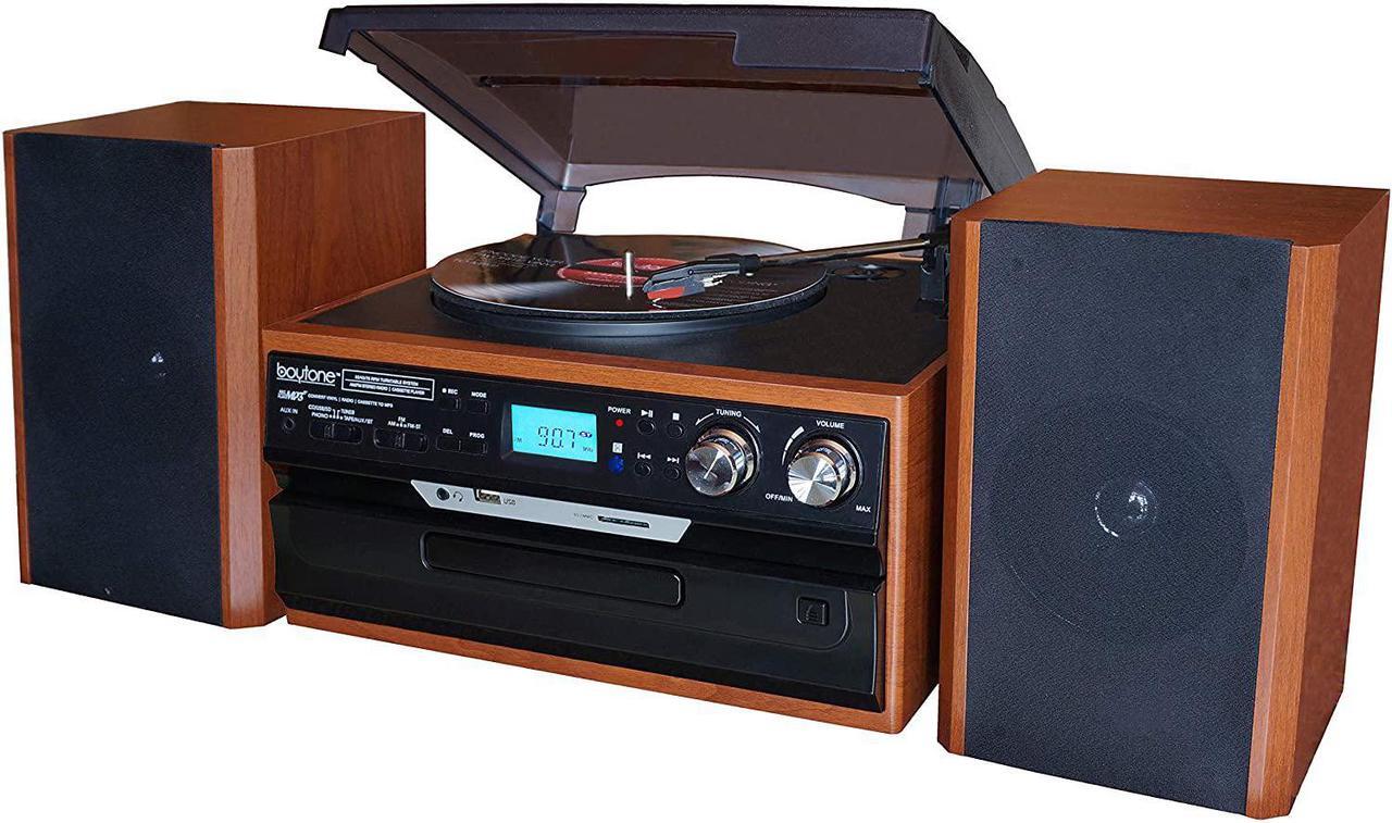 Alt view image 2 of 8 - Boytone BT-24MB Bluetooth Classic Style Record Player Turntable with AM/FM Radio, CD/Cassette Player, 2 Separate Stereo Speakers, Record from Vinyl, Radio, and Cassette to MP3, SD Slot, USB, AUX.