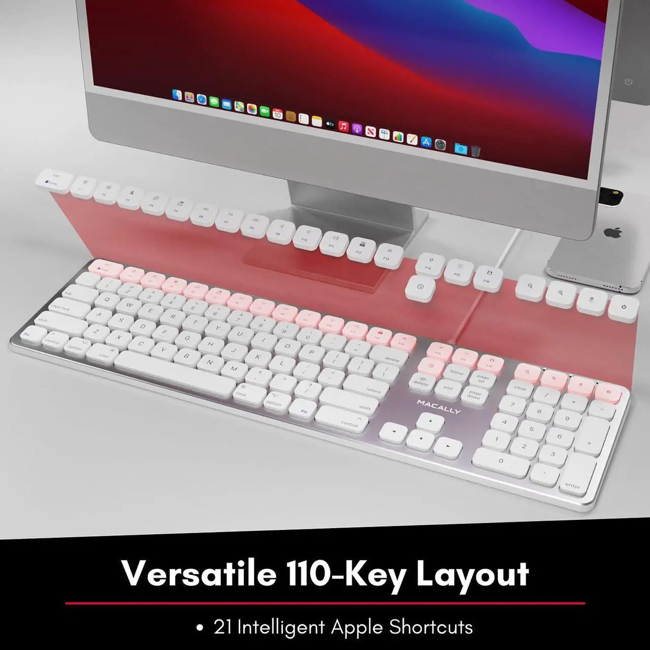 Alt view image 6 of 14 - Macally Mac Keyboard Full-Size & Number Keypad (Metal Frame) 2 USB Ports Hub & Wired USB Cable - Apple Computer Keyboards for Mac, Pro, MacBook, Pro, Air Laptops (Silver Aluminum) MLUXKEYA