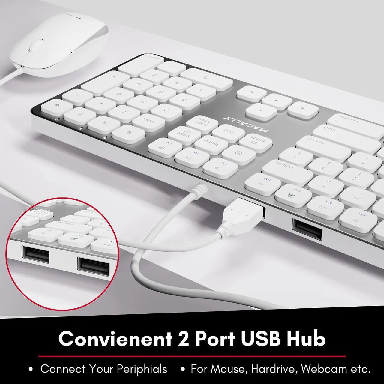 Alt view image 3 of 14 - Macally Mac Keyboard Full-Size & Number Keypad (Metal Frame) 2 USB Ports Hub & Wired USB Cable - Apple Computer Keyboards for Mac, Pro, MacBook, Pro, Air Laptops (Silver Aluminum) MLUXKEYA