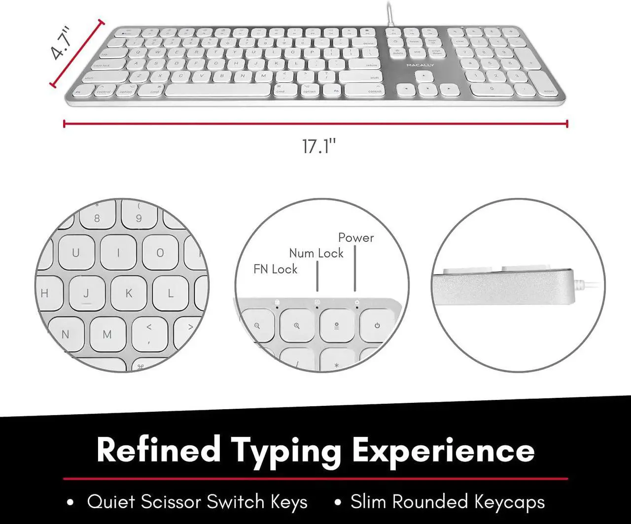 Alt view image 7 of 14 - Macally Mac Keyboard Full-Size & Number Keypad (Metal Frame) 2 USB Ports Hub & Wired USB Cable - Apple Computer Keyboards for Mac, Pro, MacBook, Pro, Air Laptops (Silver Aluminum) MLUXKEYA