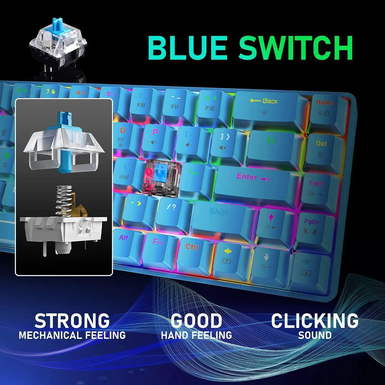 Alt view image 5 of 7 - 60% Mechanical Gaming Keyboard Mini 68 Keys Wired Type C 18 RGB Backlight Effects,Lightweight RGB 6400DPI Honeycomb Mouse,Large Mouse Pad Compatible with PS4,Xbox,PC,Laptop,MAC (Blue/Blue Switch)