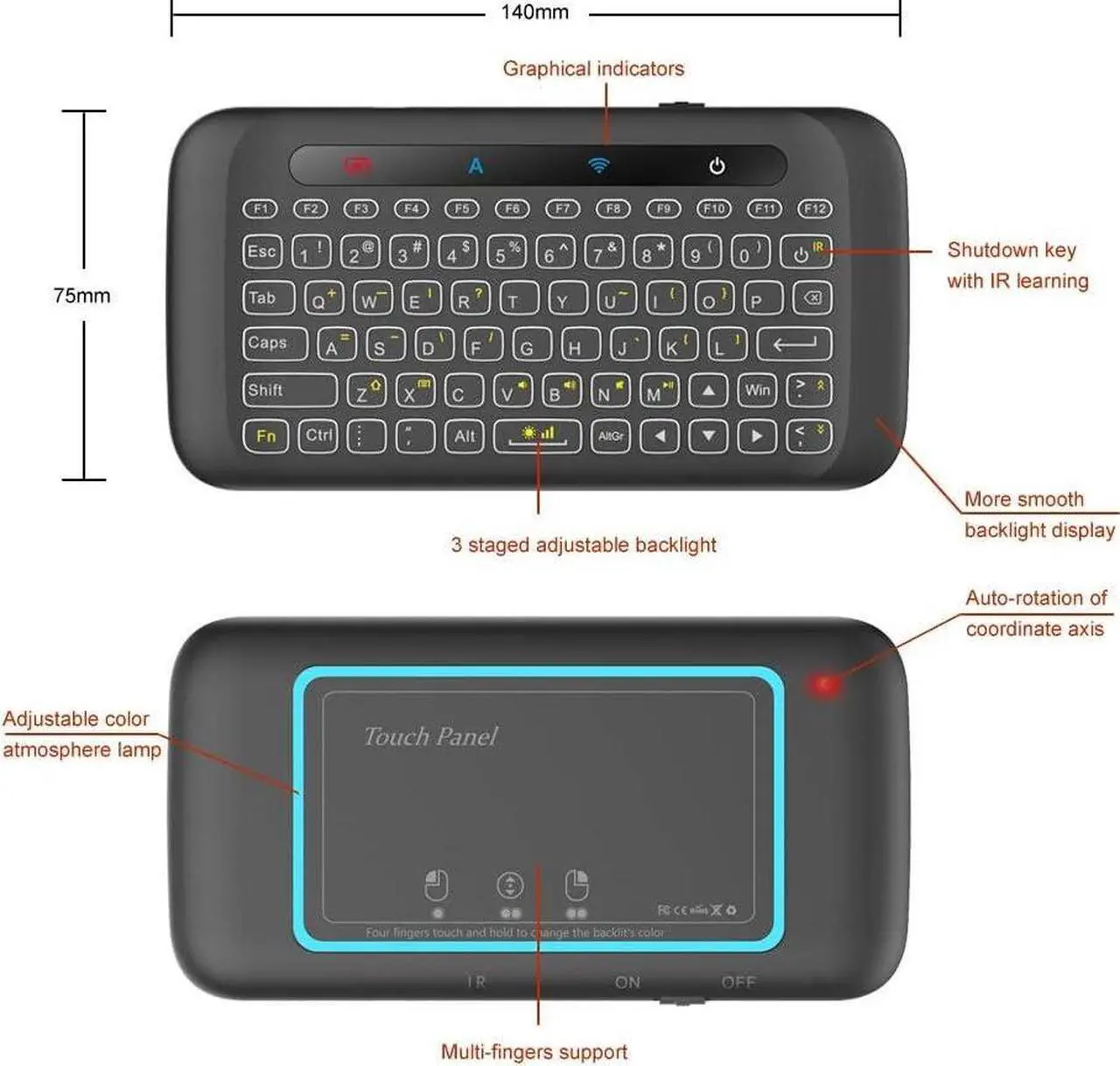 Alt view image 4 of 7 - Mini Wireless Keyboard,H20 Mini Keyboard with Touchpad,Backlit Small Wireless Keyboard,Full Size Touchpad,Handheld IR Remote Keyboard for Android TV Box Windows PC,HTPC,IPTV,PC,Raspberry Pi