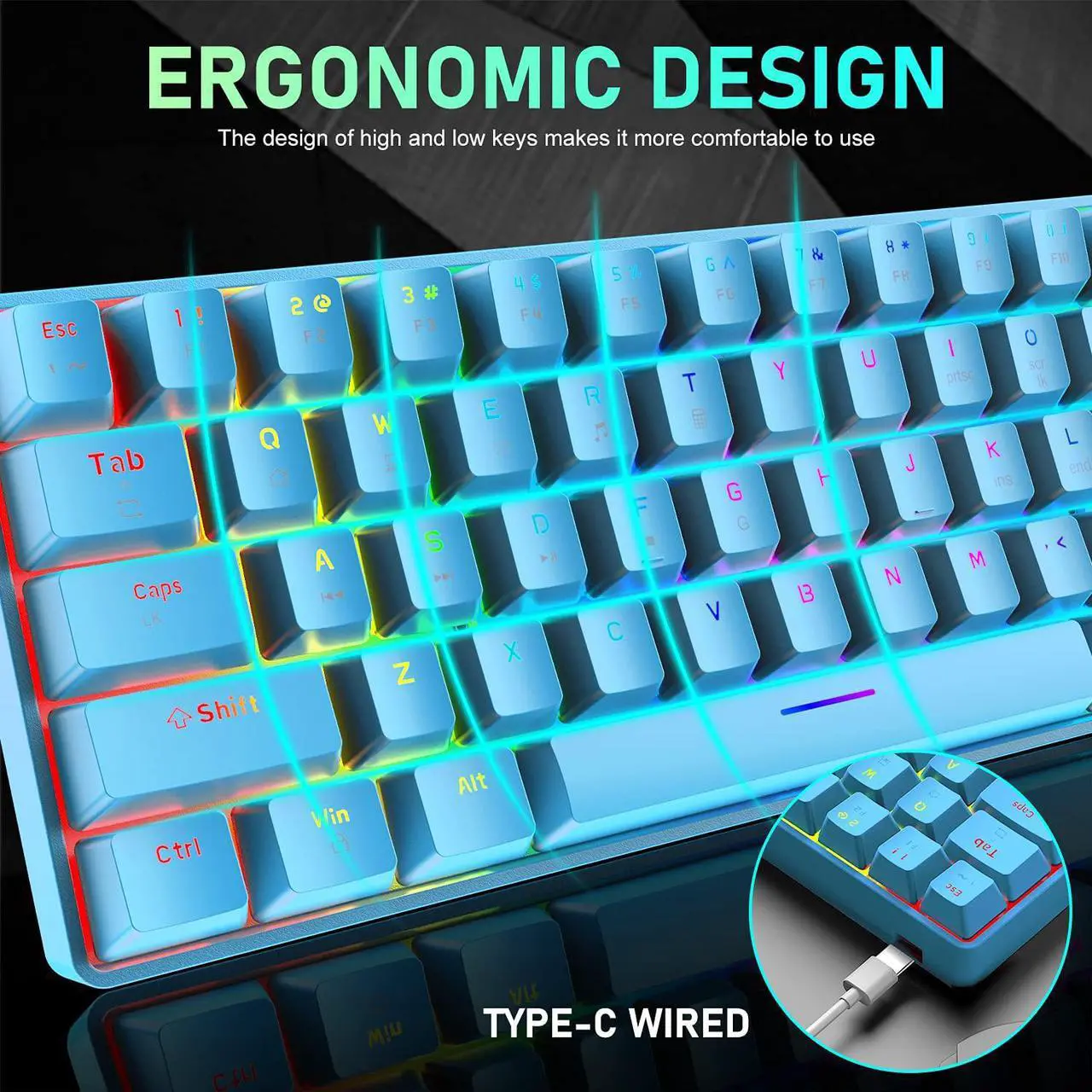 Alt view image 3 of 7 - 60% Mechanical Gaming Keyboard Mini 68 Keys Wired Type C 18 RGB Backlight Effects,Lightweight RGB 6400DPI Honeycomb Mouse,Large Mouse Pad Compatible with PS4,Xbox,PC,Laptop,MAC (Blue/Blue Switch)