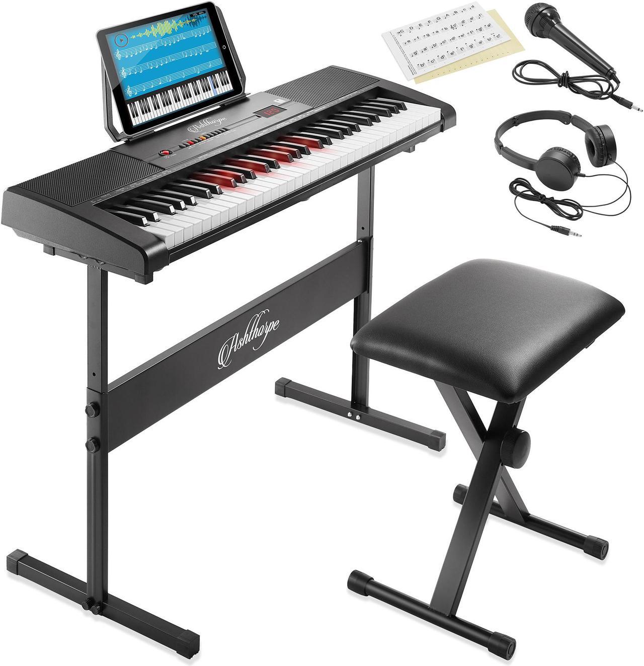Main image of Ashthorpe 61-Key Digital Electronic Keyboard Piano with Light Up Keys, Includes Stand, Bench, Headphones, Mic and Keynote Stickers
