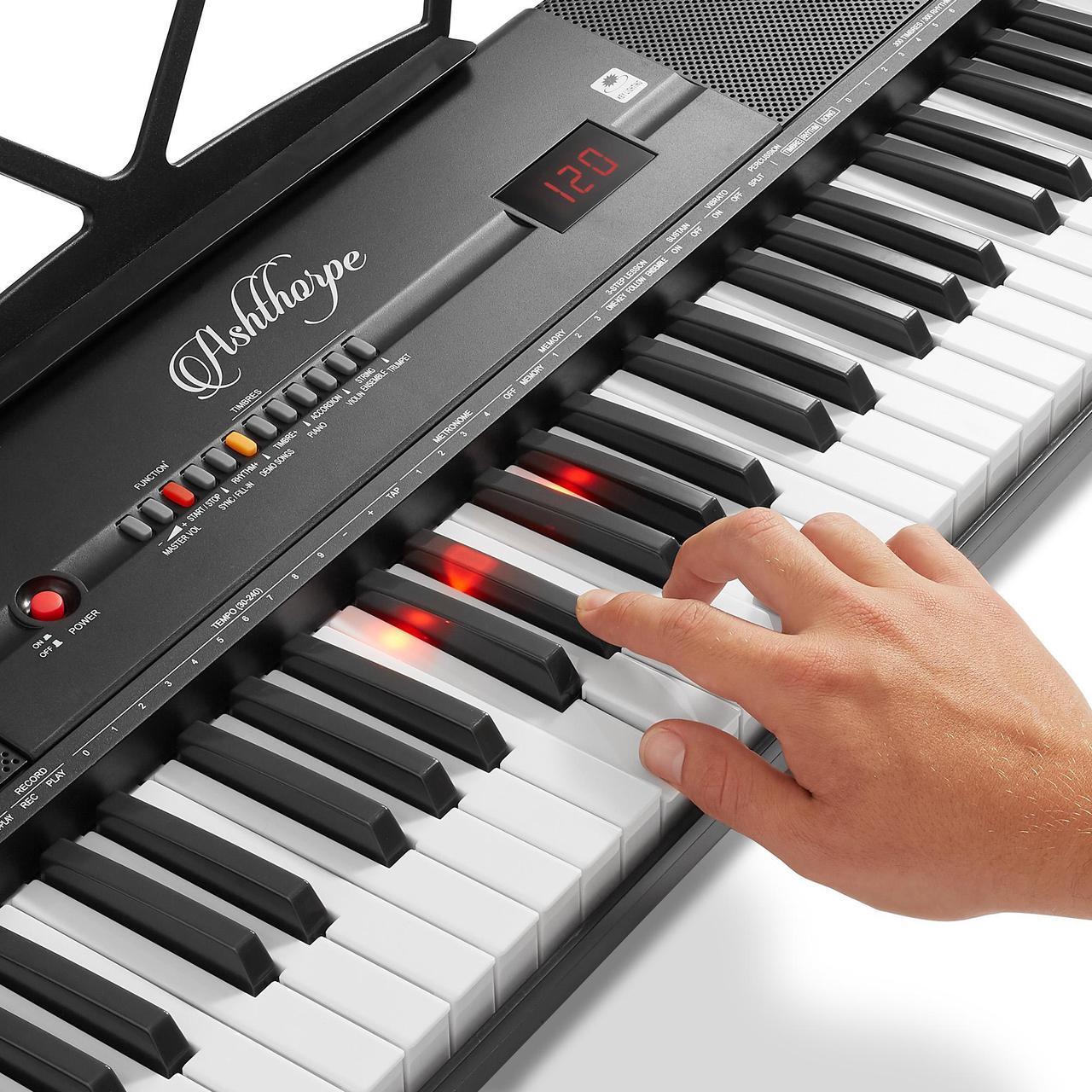 Alt view image 5 of 6 - Ashthorpe 61-Key Digital Electronic Keyboard Piano with Light Up Keys, Includes Stand, Bench, Headphones, Mic and Keynote Stickers