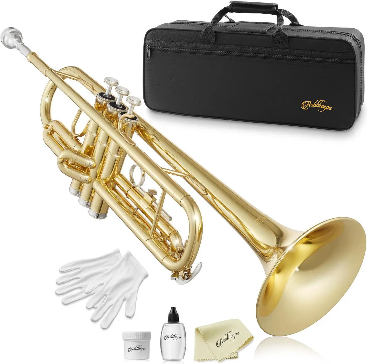 Main image of Ashthorpe Standard Bb Trumpet with Gold Brass Finish - Includes Case, Mouthpiece, Gloves, Cleaning Cloth, Valve Oil