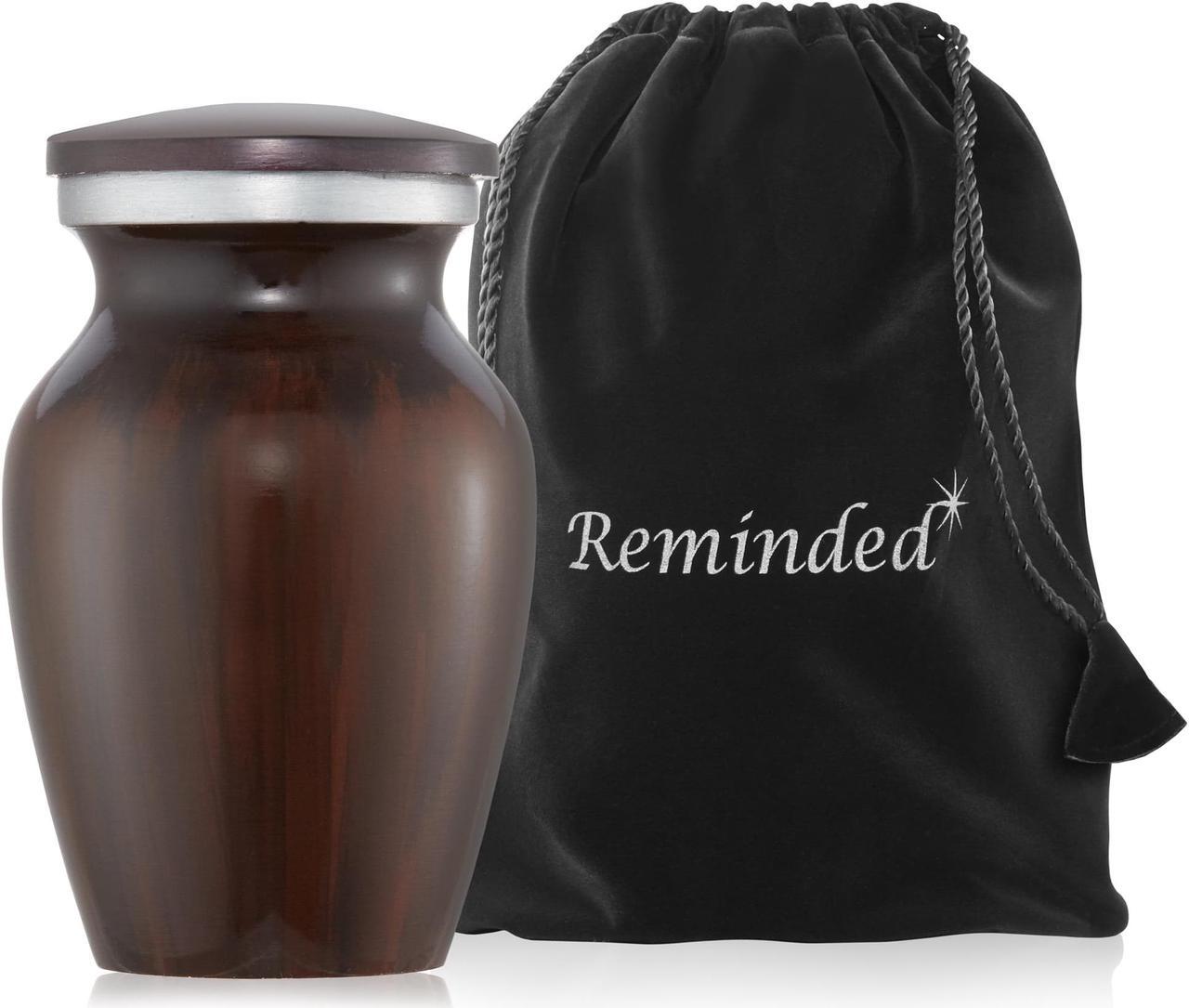 Alt view image 4 of 5 - Reminded Small Cremation Memorial Urn for Human Ashes, Brown Mini Keepsake with Velvet Case