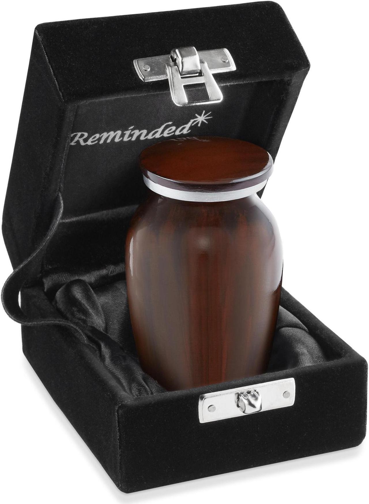 Main image of Reminded Small Cremation Memorial Urn for Human Ashes, Brown Mini Keepsake with Velvet Case