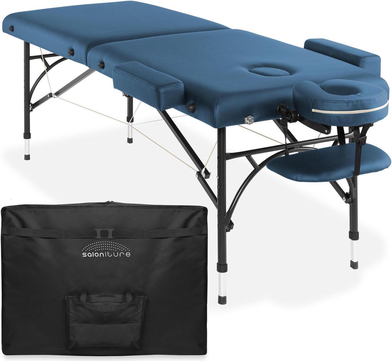 Main image of Saloniture Professional Portable Lightweight Bi-Fold Massage Table with Aluminum Legs - Includes Headrest, Face Cradle, Armrests and Carrying Case Blue