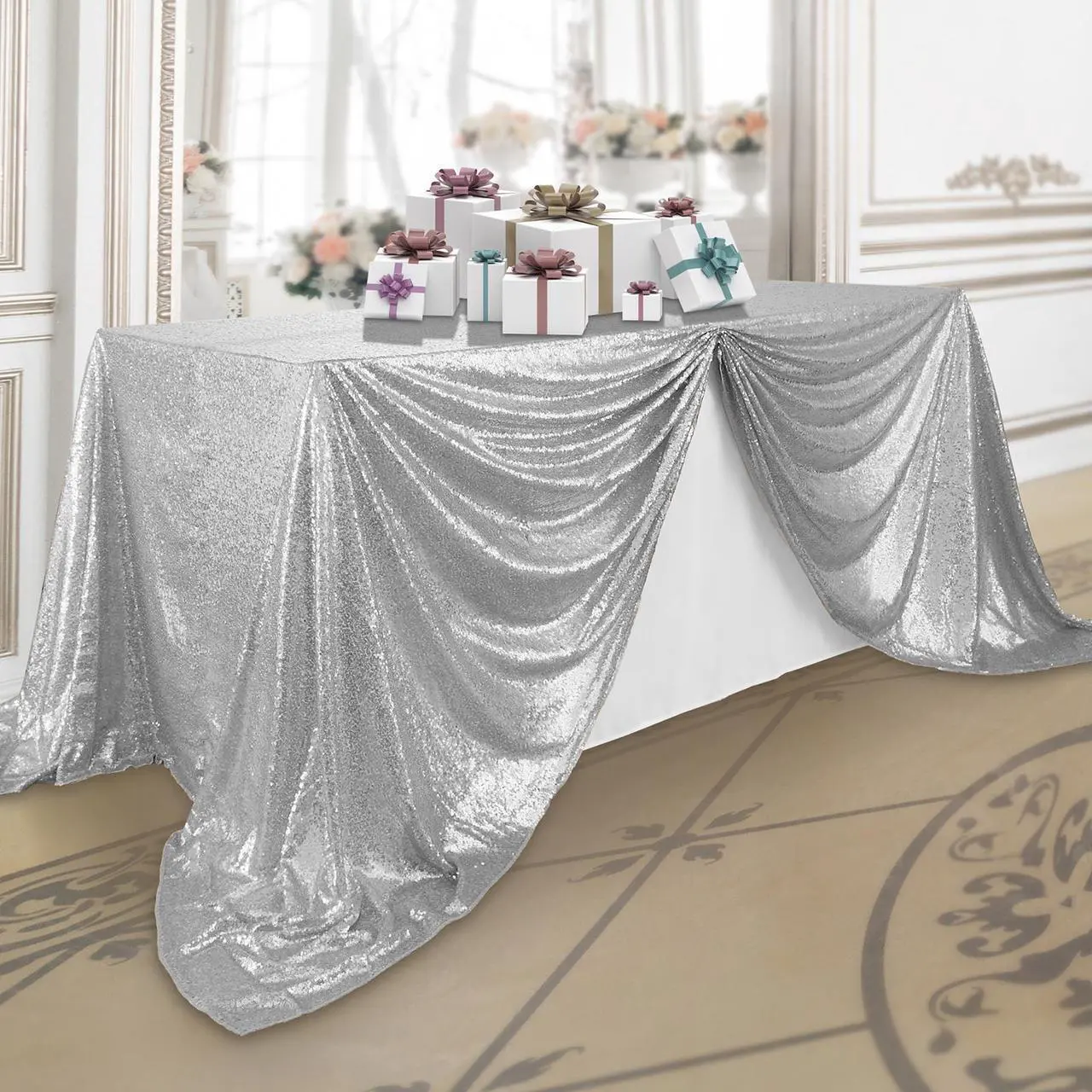 Main image of Lann's Linens 90" x 132" Silver Sequin Tablecloth, Sparkly Rectangle Table Cloth for Wedding, Party, Banquet