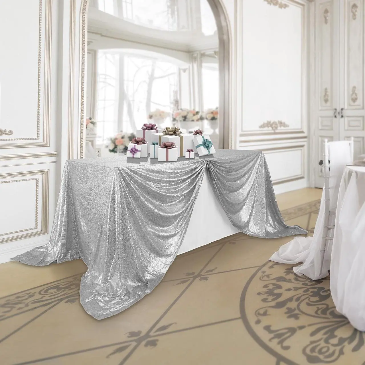 Alt view image 6 of 6 - Lann's Linens 90" x 132" Silver Sequin Tablecloth, Sparkly Rectangle Table Cloth for Wedding, Party, Banquet