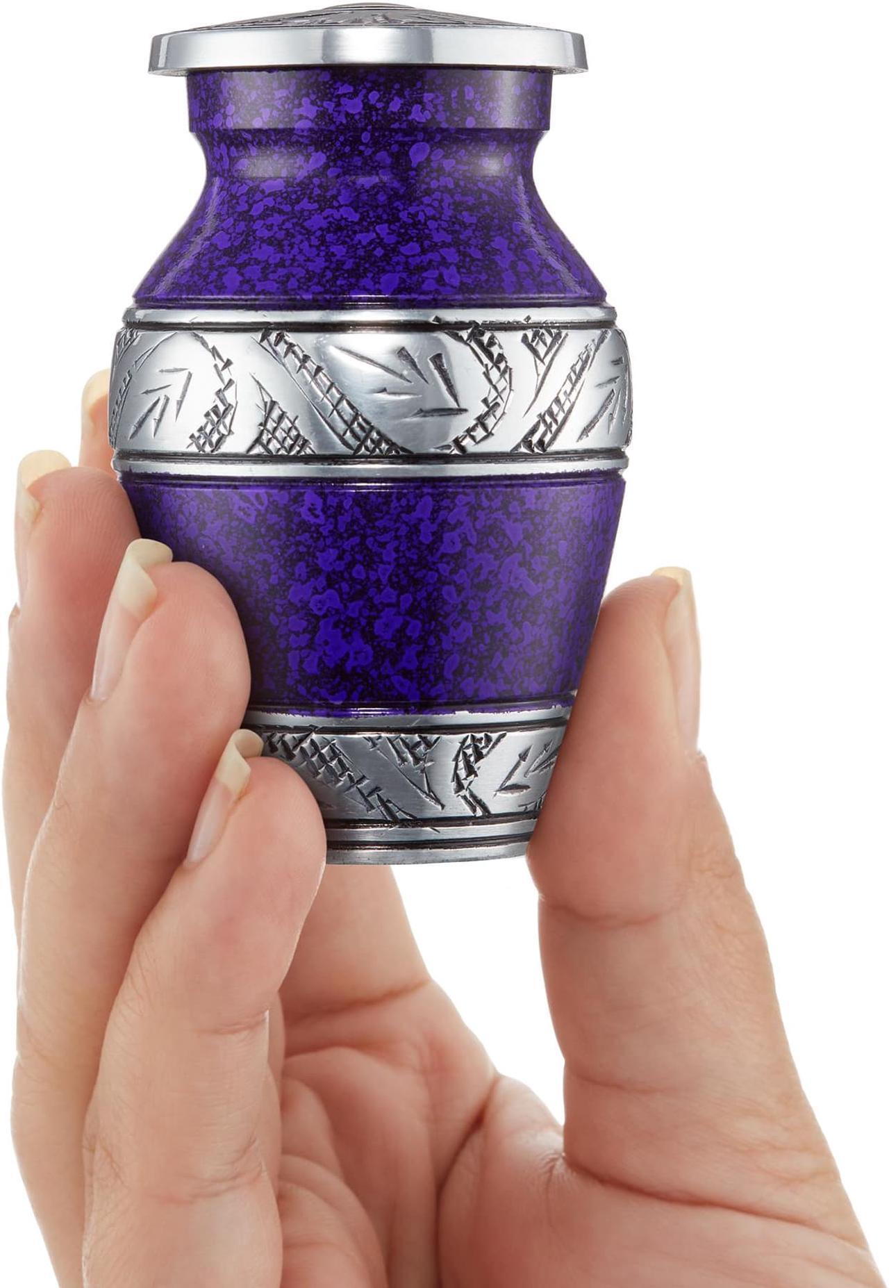 Alt view image 2 of 5 - Reminded  Small Cremation Keepsake Urns for Human Ashes, Set of 4 Purple and Silver Miniature Urns with Velvet Case and Bags