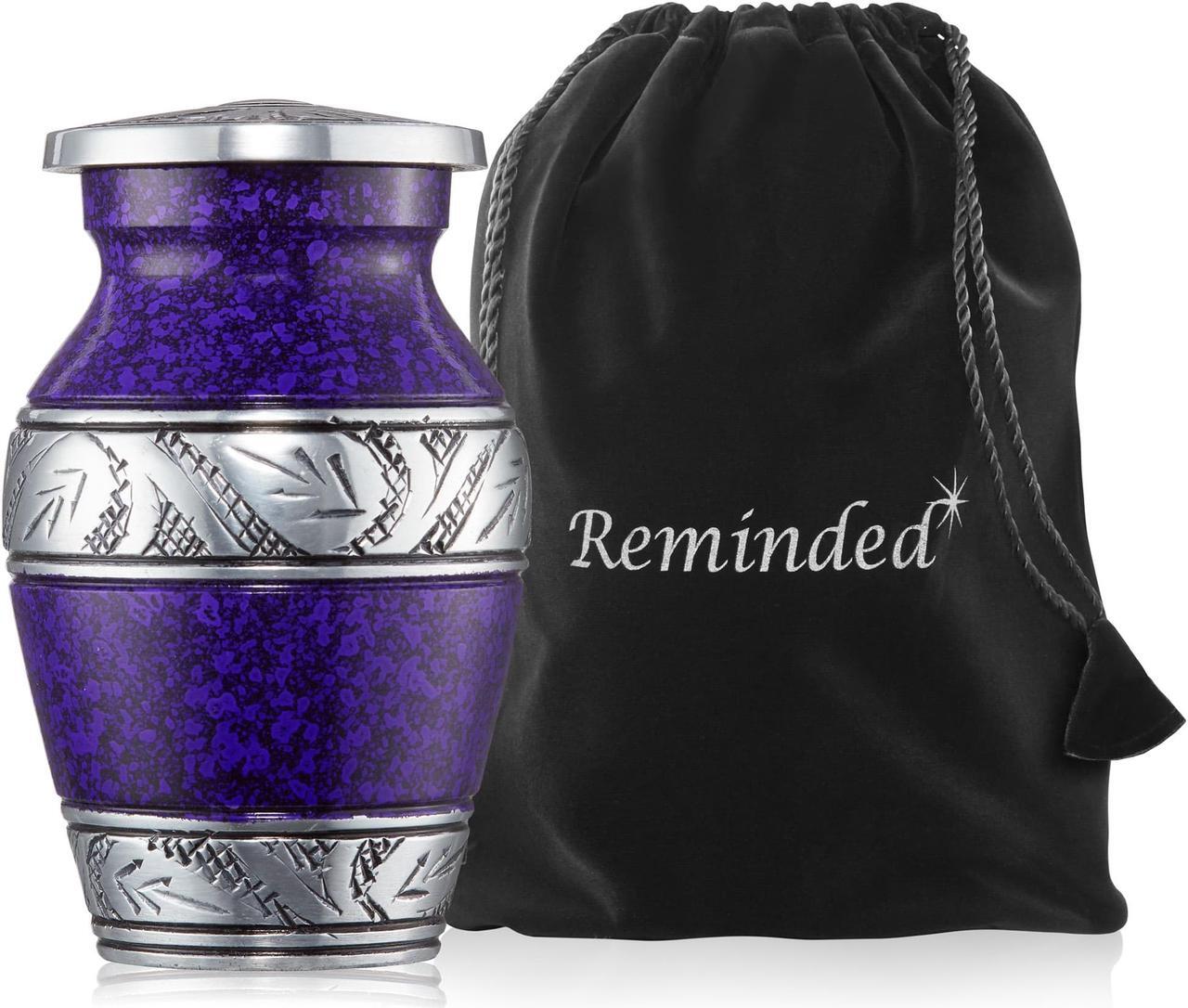 Alt view image 4 of 5 - Reminded  Small Cremation Keepsake Urns for Human Ashes, Set of 4 Purple and Silver Miniature Urns with Velvet Case and Bags