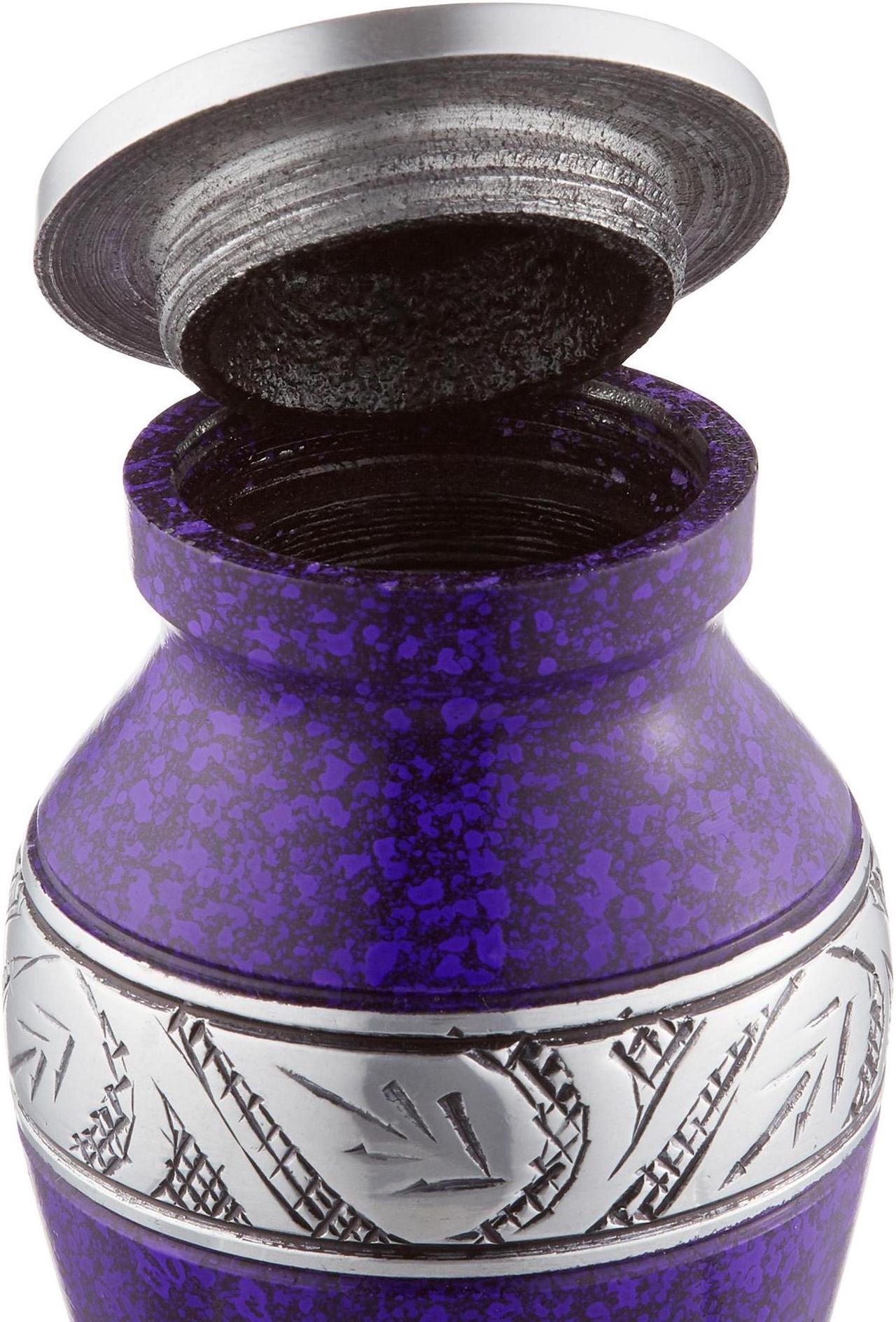 Alt view image 5 of 5 - Reminded  Small Cremation Keepsake Urns for Human Ashes, Set of 4 Purple and Silver Miniature Urns with Velvet Case and Bags