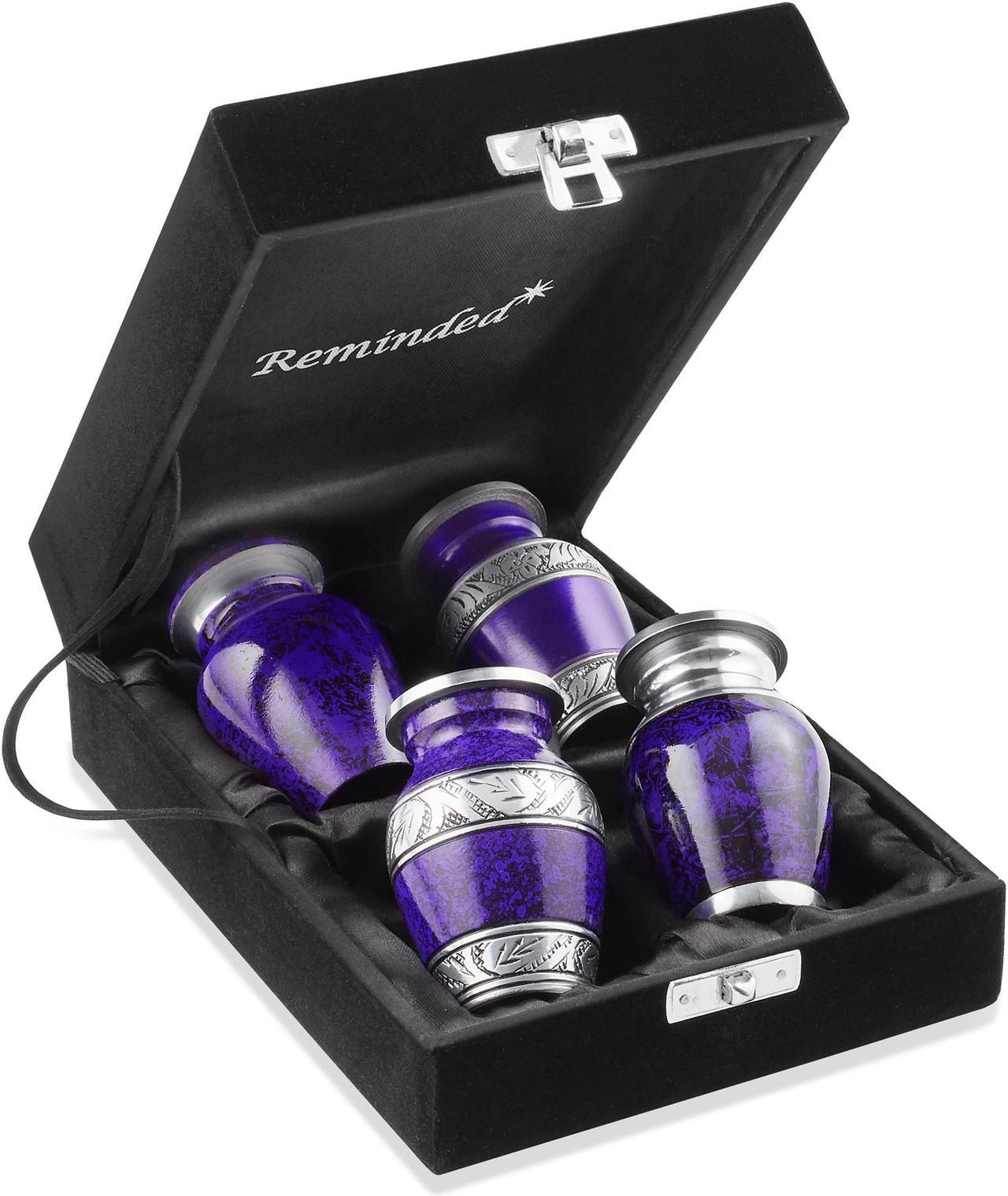 Main image of Reminded  Small Cremation Keepsake Urns for Human Ashes, Set of 4 Purple and Silver Miniature Urns with Velvet Case and Bags