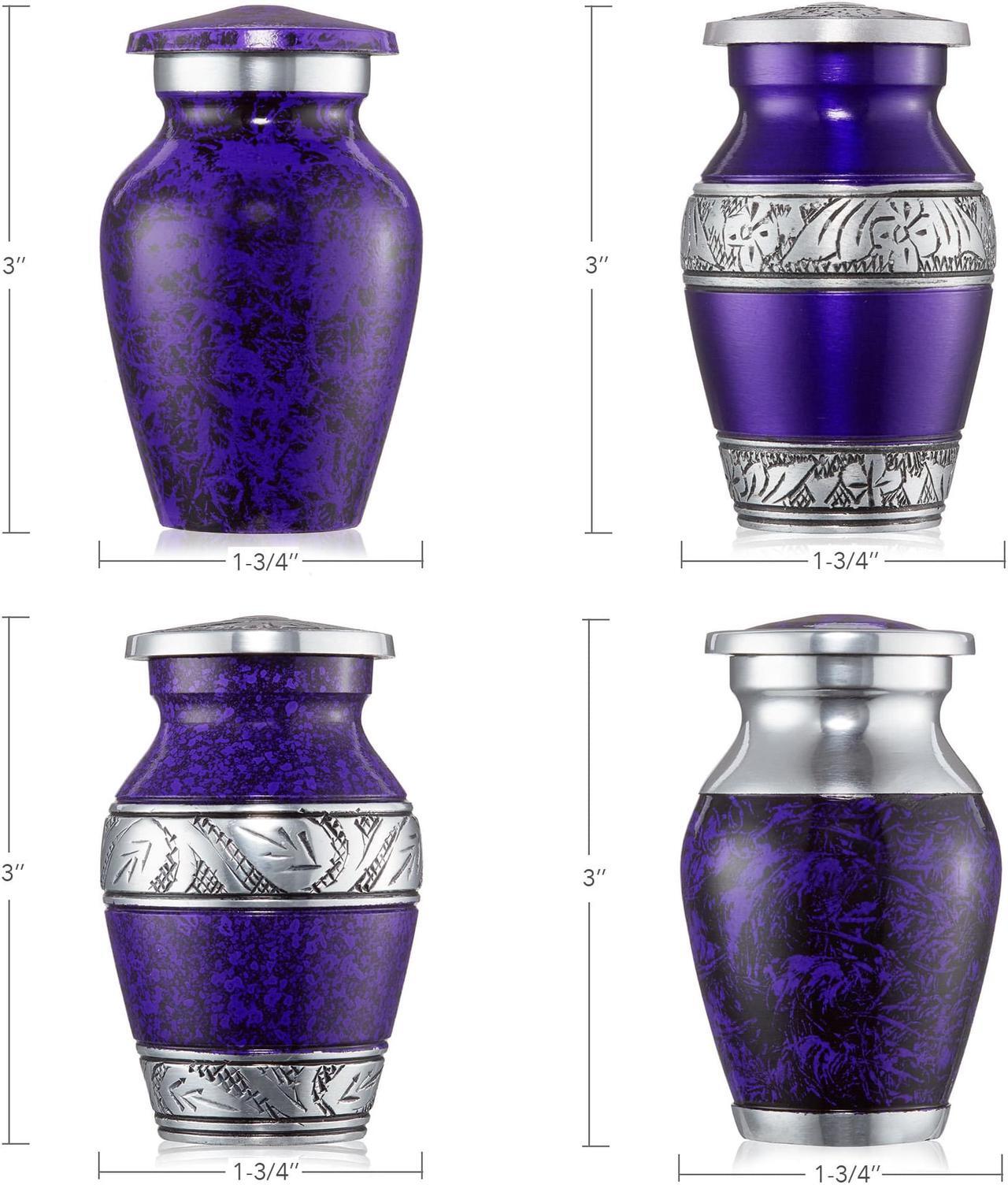 Alt view image 3 of 5 - Reminded  Small Cremation Keepsake Urns for Human Ashes, Set of 4 Purple and Silver Miniature Urns with Velvet Case and Bags
