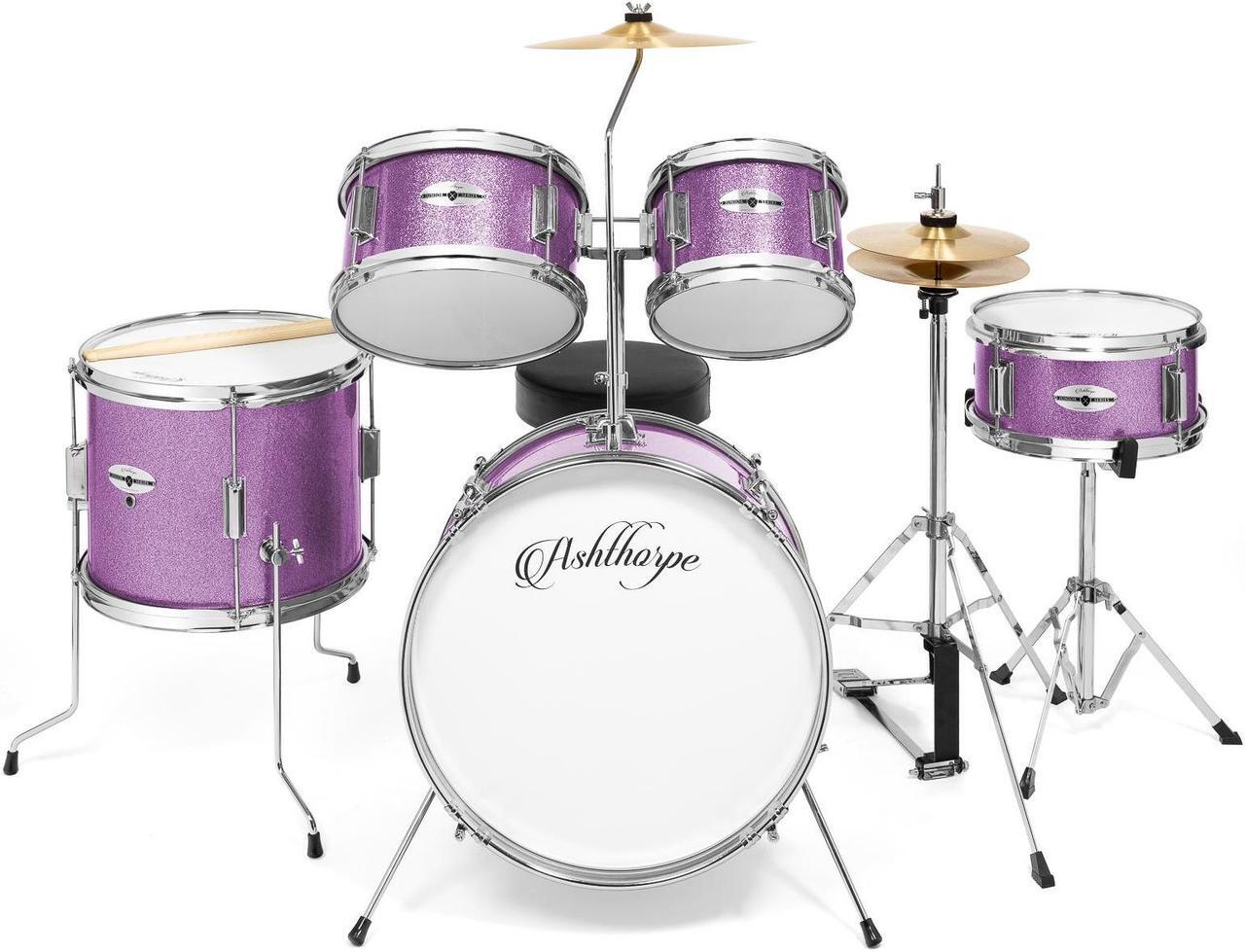 Alt view image 2 of 6 - Ashthorpe 5-Piece Complete Junior Drum Set with Genuine Brass Cymbals - Advanced Beginner Kit with 16" Bass, Adjustable Throne, Cymbals, Hi-Hats, Pedals & Drumsticks - Purple