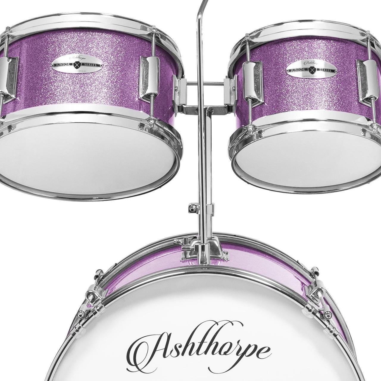 Alt view image 4 of 6 - Ashthorpe 5-Piece Complete Junior Drum Set with Genuine Brass Cymbals - Advanced Beginner Kit with 16" Bass, Adjustable Throne, Cymbals, Hi-Hats, Pedals & Drumsticks - Purple