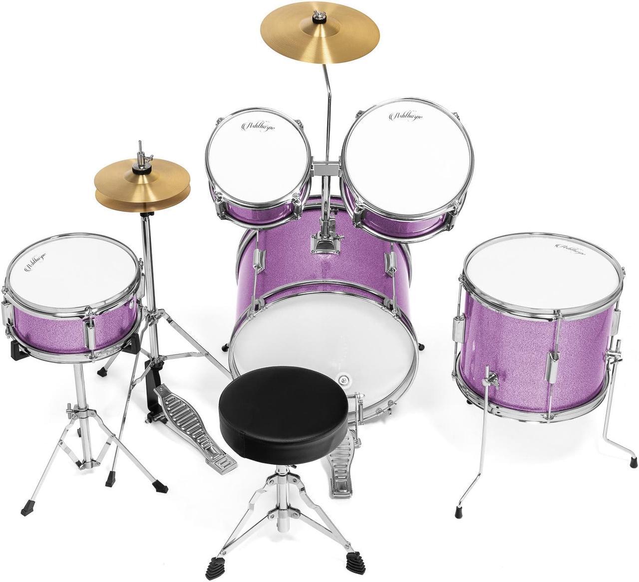 Alt view image 3 of 6 - Ashthorpe 5-Piece Complete Junior Drum Set with Genuine Brass Cymbals - Advanced Beginner Kit with 16" Bass, Adjustable Throne, Cymbals, Hi-Hats, Pedals & Drumsticks - Purple