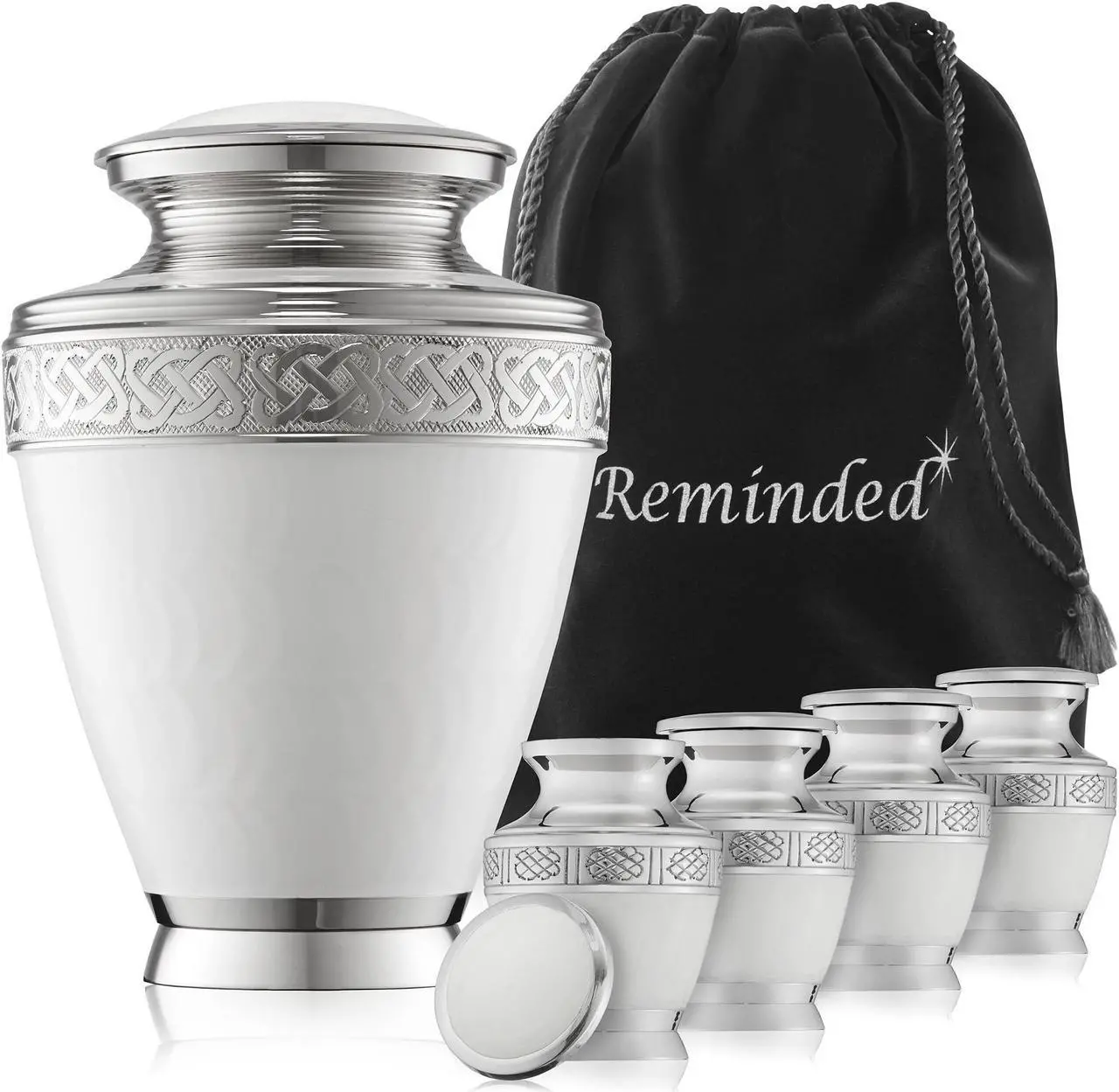 Main image of Reminded Set of 5 White Celtic Cremation Urns for Human Ashes - 1 Adult + 4 Keepsake Token Size